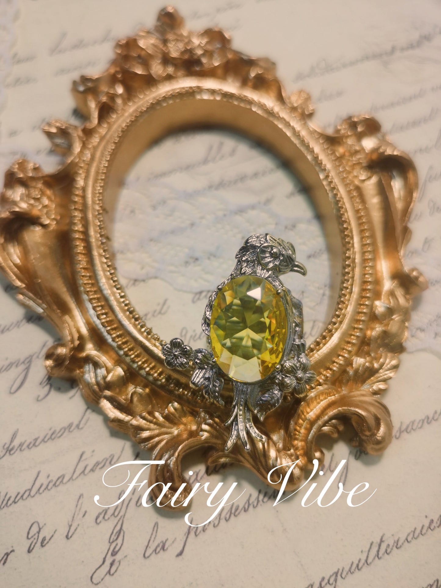 Eagel on the Blooming Tree Fine carving Yellow CZ silver ring