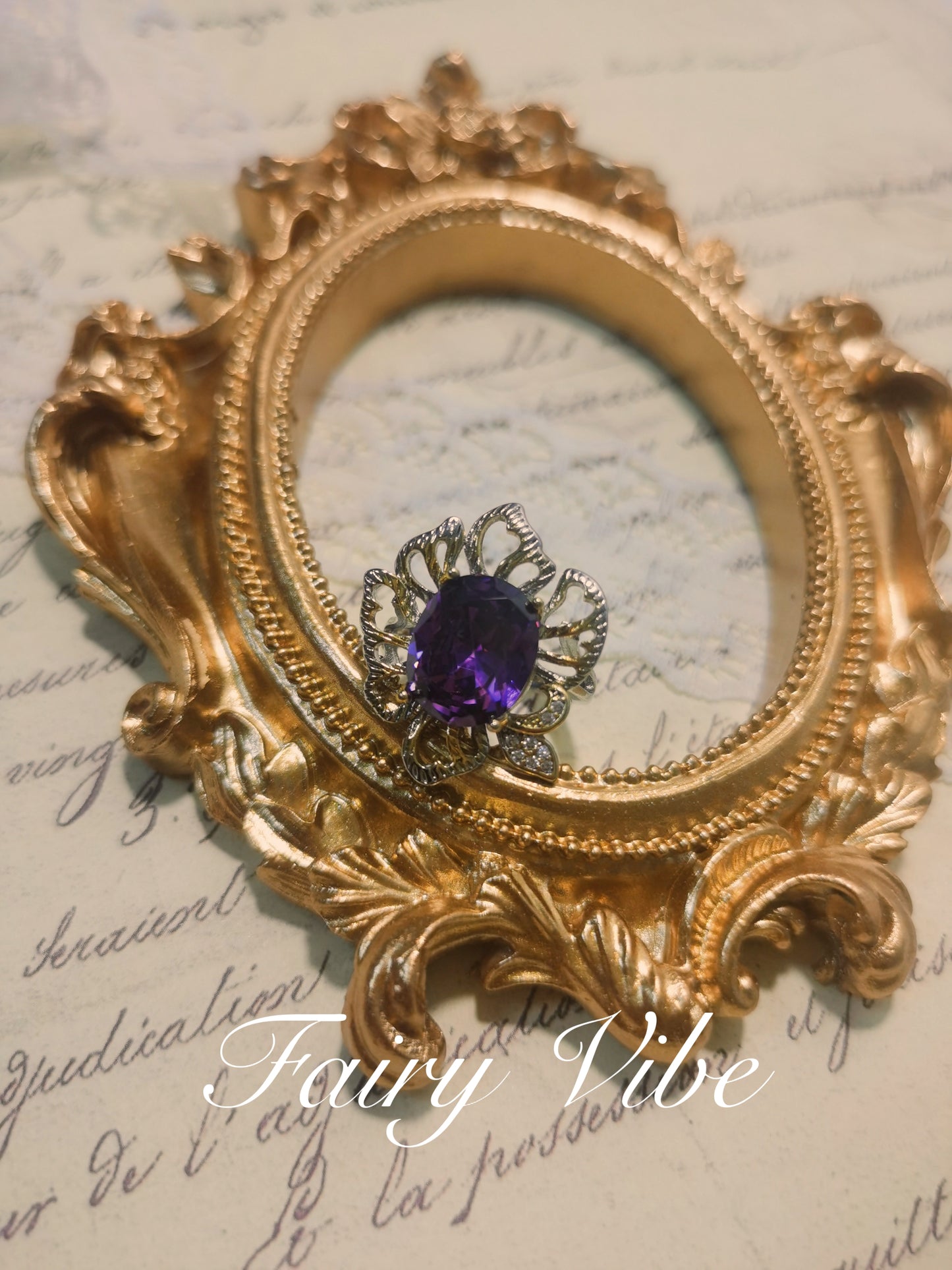 Designer Ring Fine Craved Oval Cut Purple CZ Gold Ring