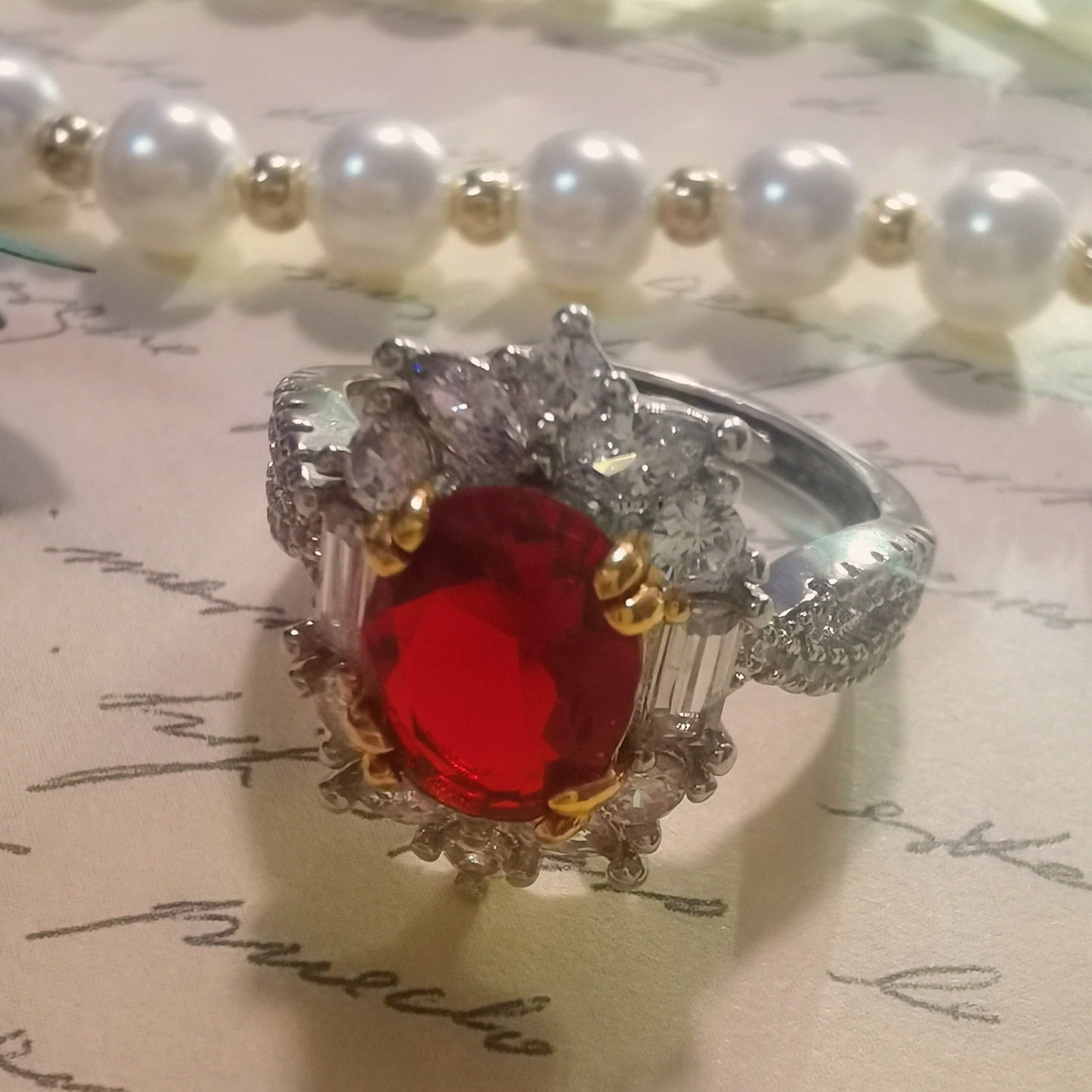 Oval Cut Created Ruby Sparkly Rhinestone silver ring