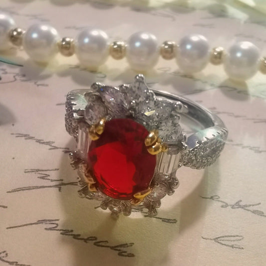 Oval Cut Created Ruby Sparkly Rhinestone silver ring
