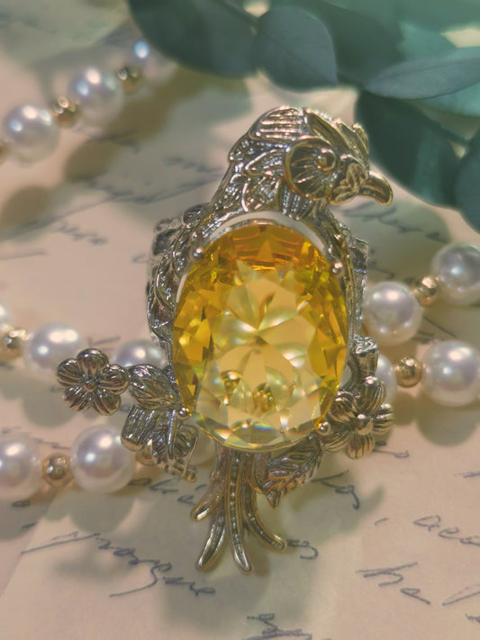 Eagel on the Blooming Tree Fine carving Yellow CZ silver ring