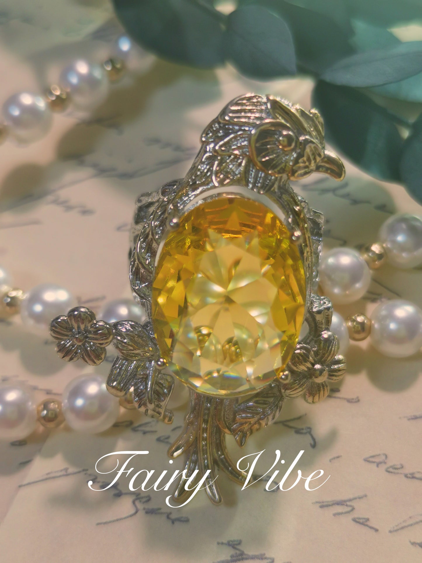 Eagel on the Blooming Tree Fine carving Yellow CZ silver ring