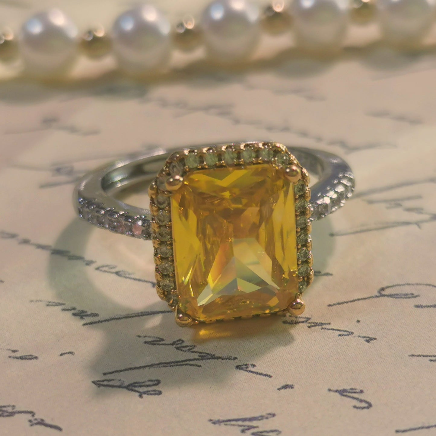 Gorgeous 925 Silver Princess Cut Yellow & Pink CZ Ring