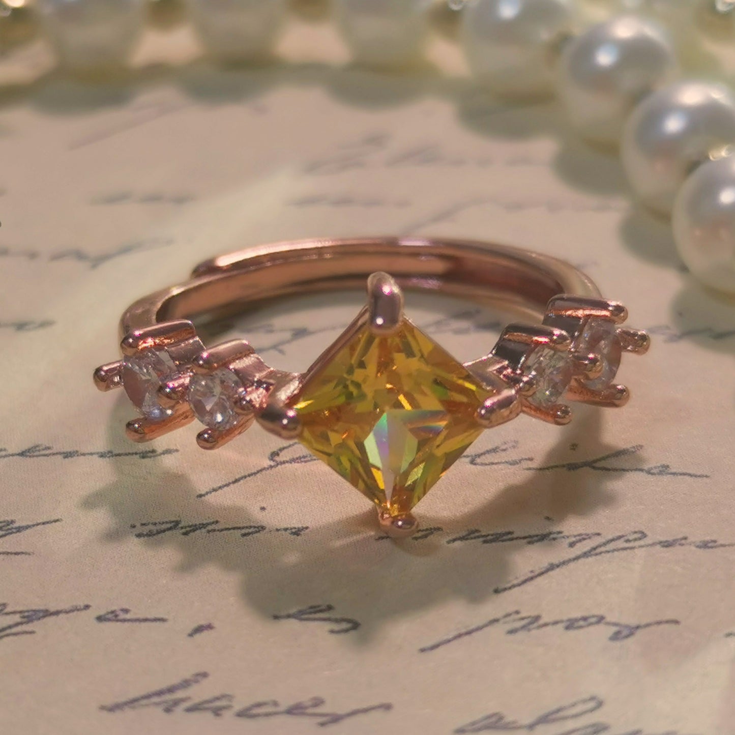 Yellow Shinning Cubic Zirconia Topaz Rings For Women Rose Gold Plated