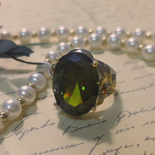 Oval Cut Olive CZ Fine Carving Ring