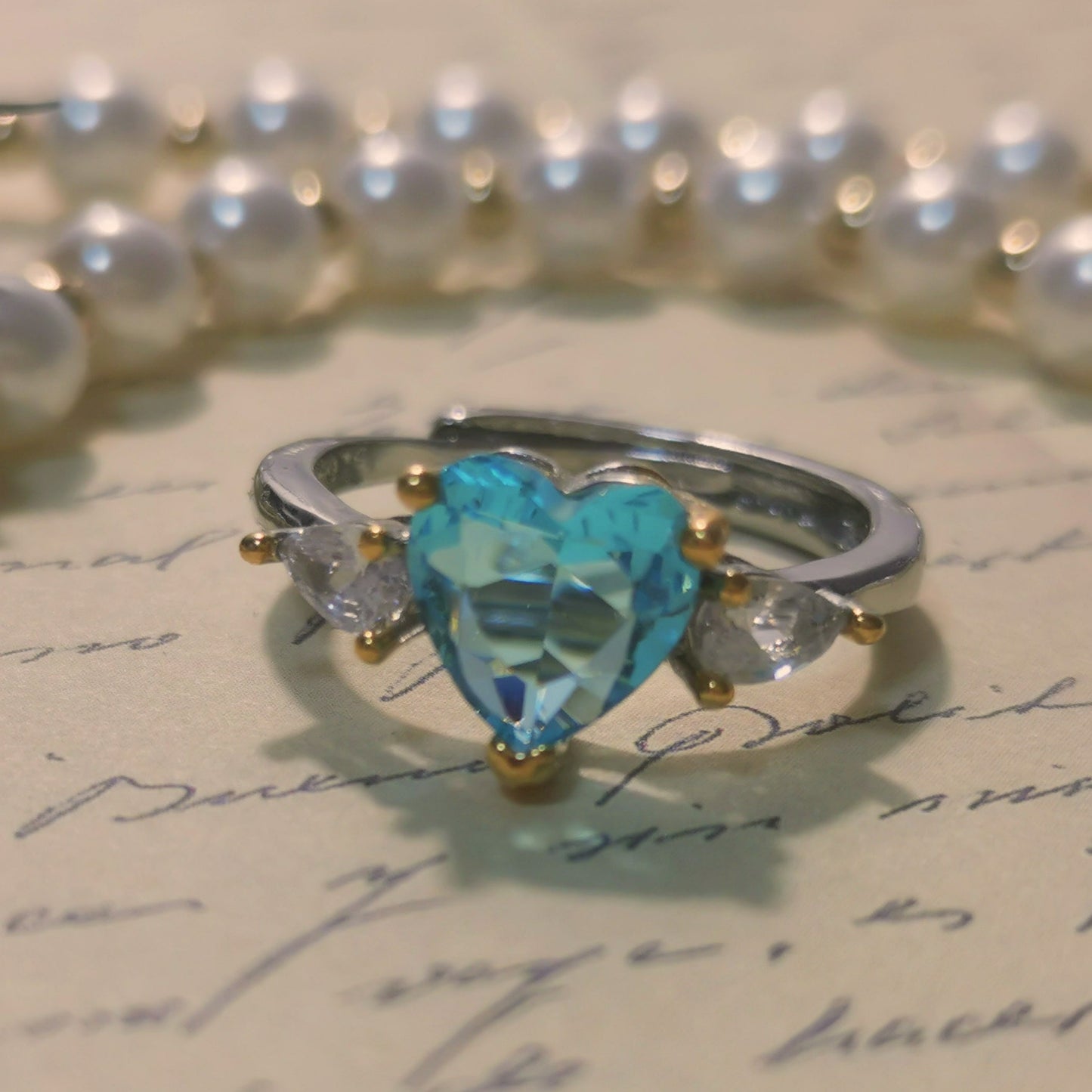 Designer Ring Blue Heart Shaped with Pear Diamond Silver Ring Lab Created CZ