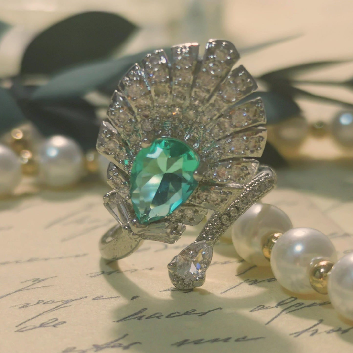 Designer Ring Plume Shaped Pear Cut Ocean Blue CZ Ring