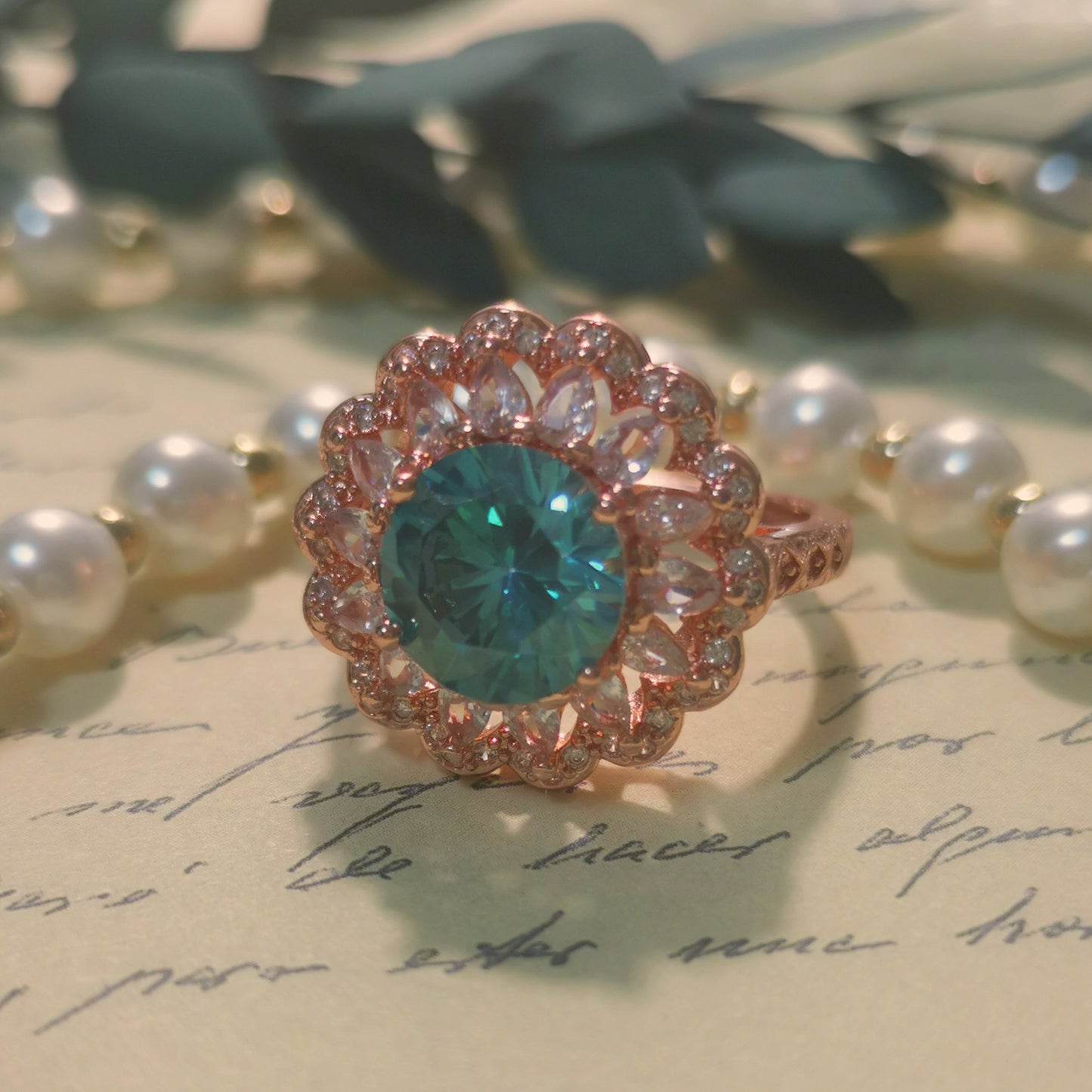 Designer Ring Fine Craved Created Greenish-blue Moissanite Diamond Rose Gold Ring