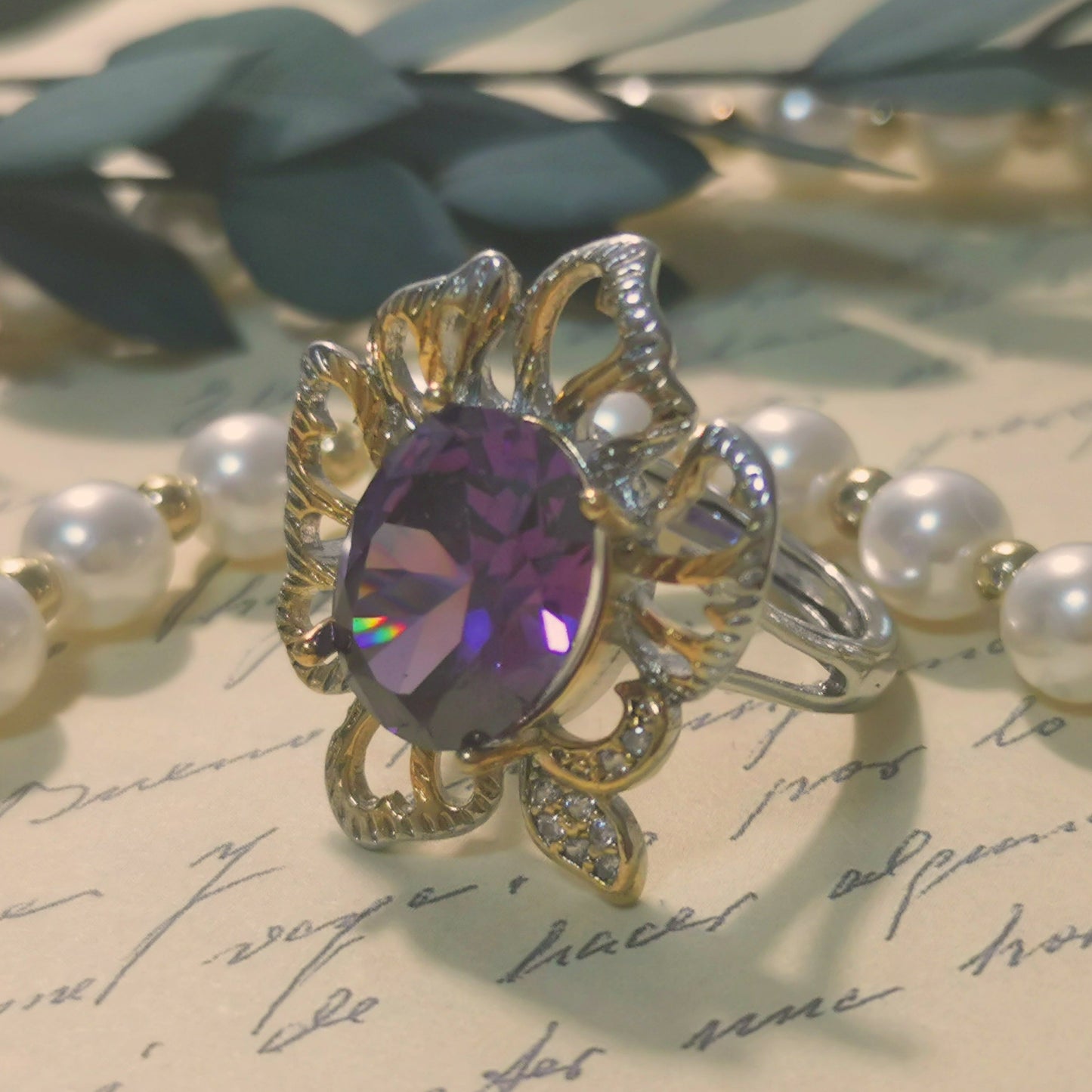 Designer Ring Fine Craved Oval Cut Purple CZ Gold Ring