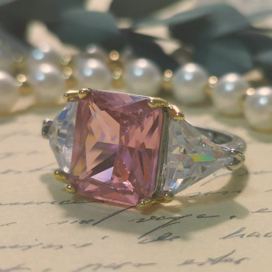 Elegant 8'' Cubic Cut Created Pink & White Moissanite Diamond Ring