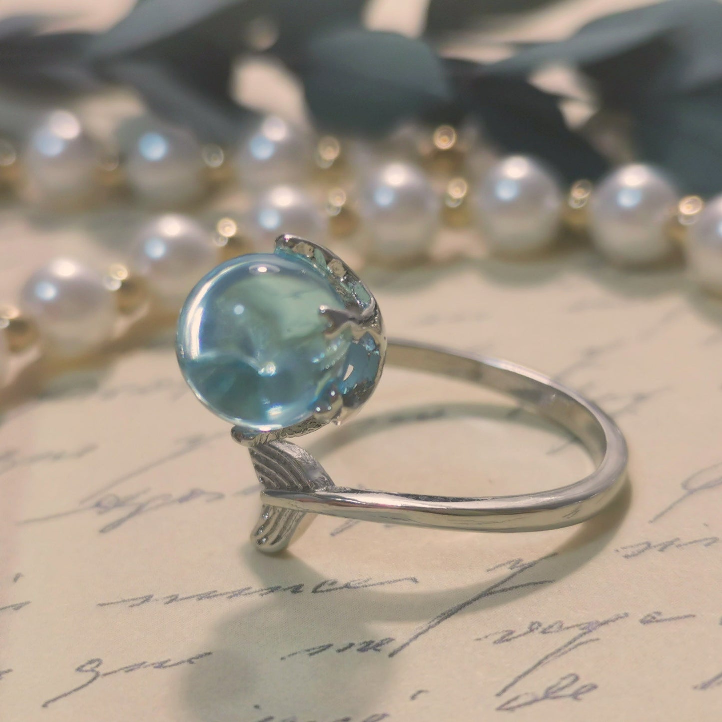 Designer Ring Mermaid Tail Shaped Blue Bubble CZ Silver Ring