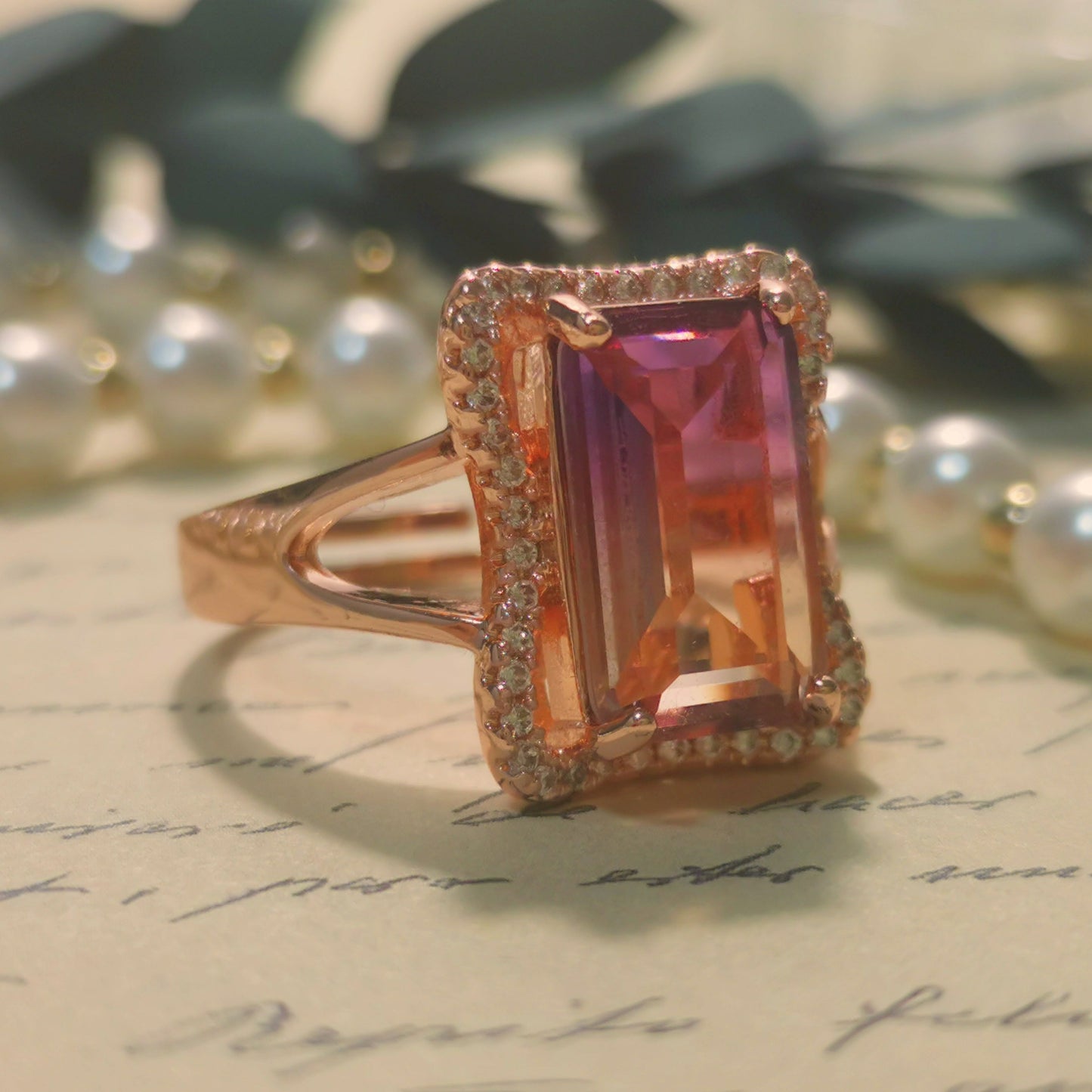 Fine Carved Emerald Cut Gradient CZ Rose Golden Ring