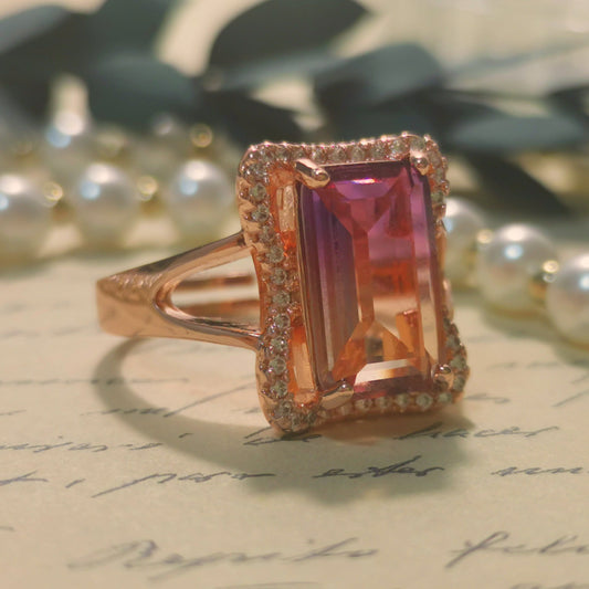 Fine Carved Emerald Cut Gradient CZ Rose Golden Ring