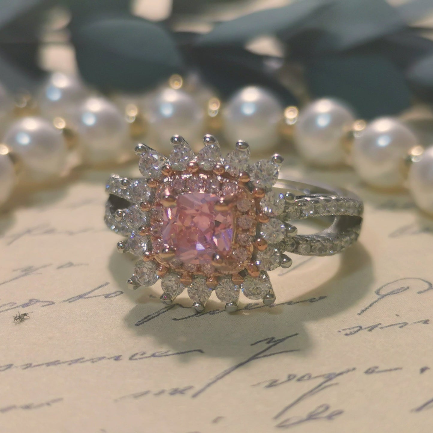 Designer Ring Flower Shaped Cubic Cut Pink CZ Daily Silver Ring