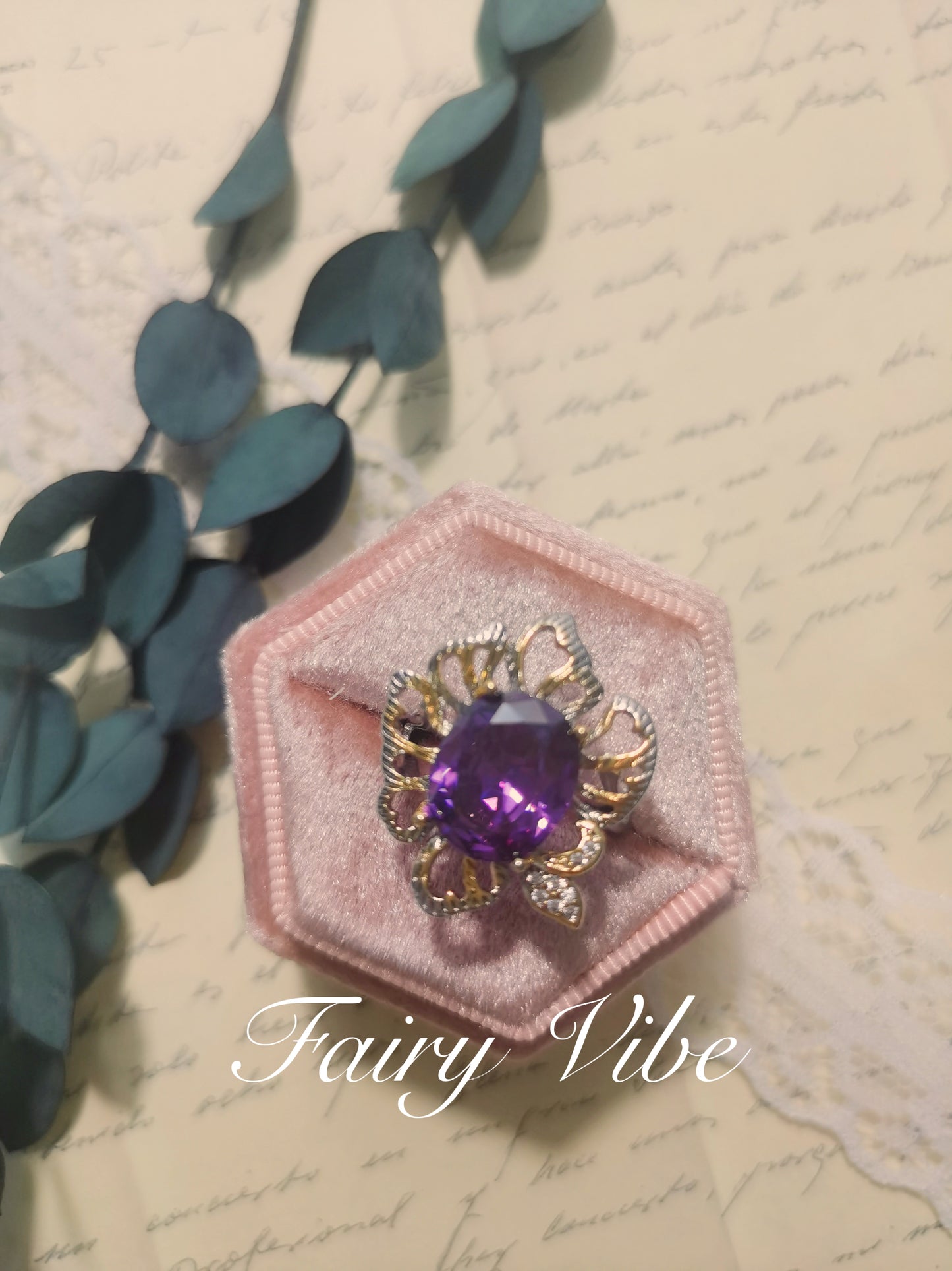 Designer Ring Fine Craved Oval Cut Purple CZ Gold Ring