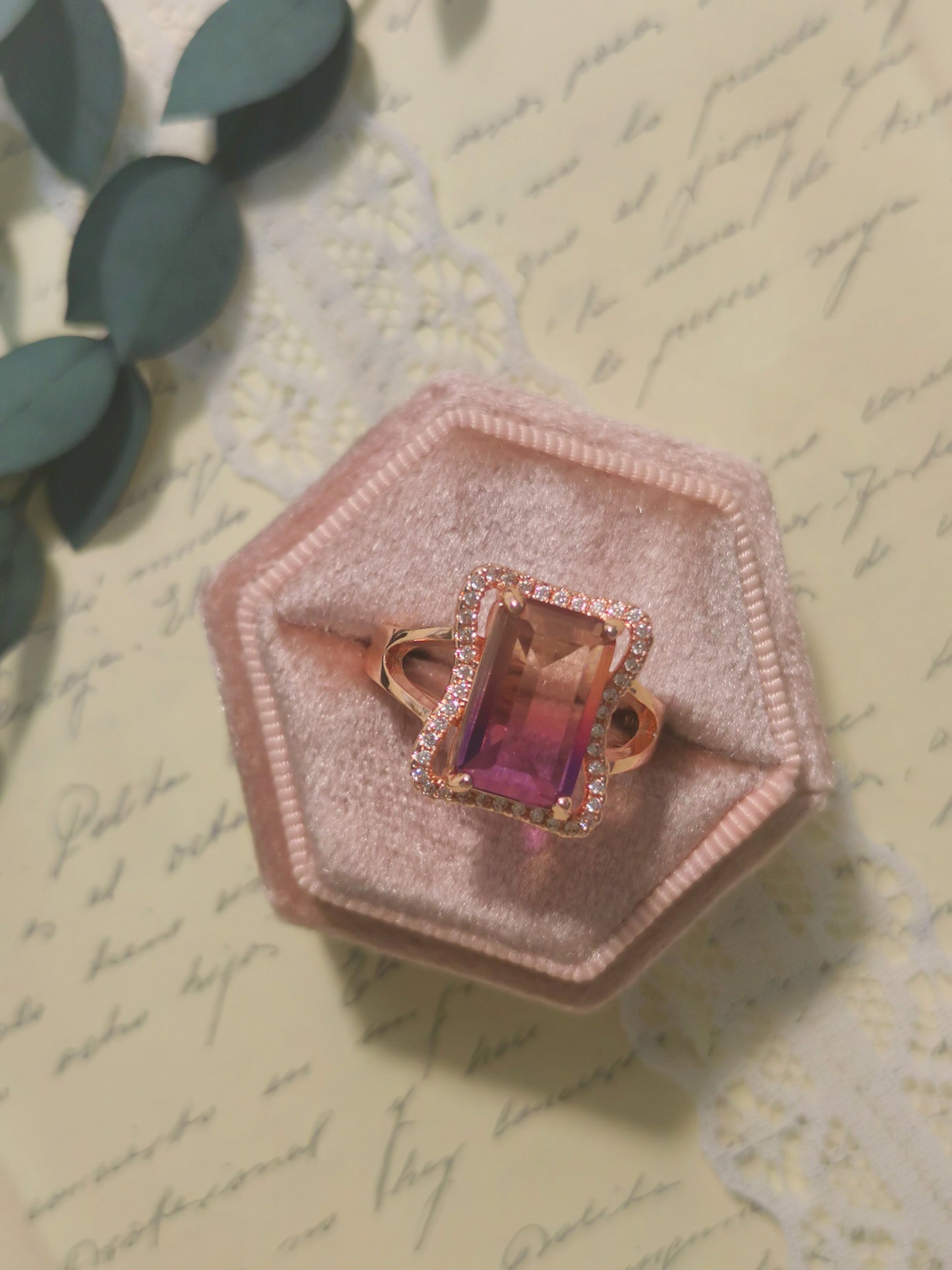 Fine Carved Emerald Cut Gradient CZ Rose Golden Ring