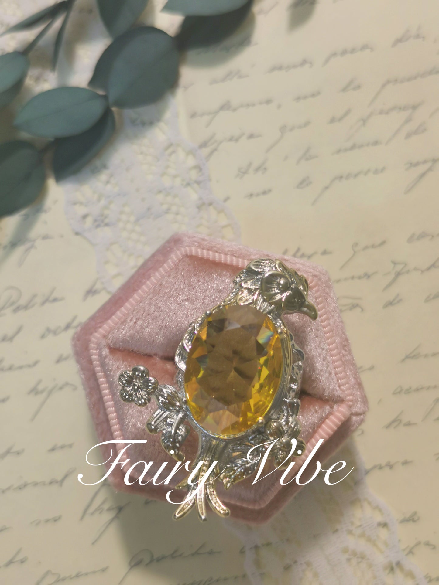 Eagel on the Blooming Tree Fine carving Yellow CZ silver ring