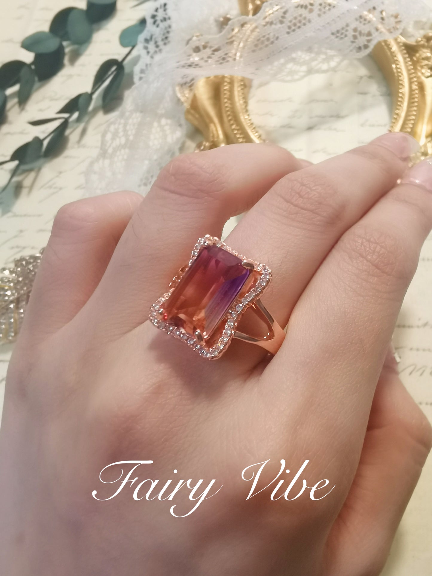 Fine Carved Emerald Cut Gradient CZ Rose Golden Ring
