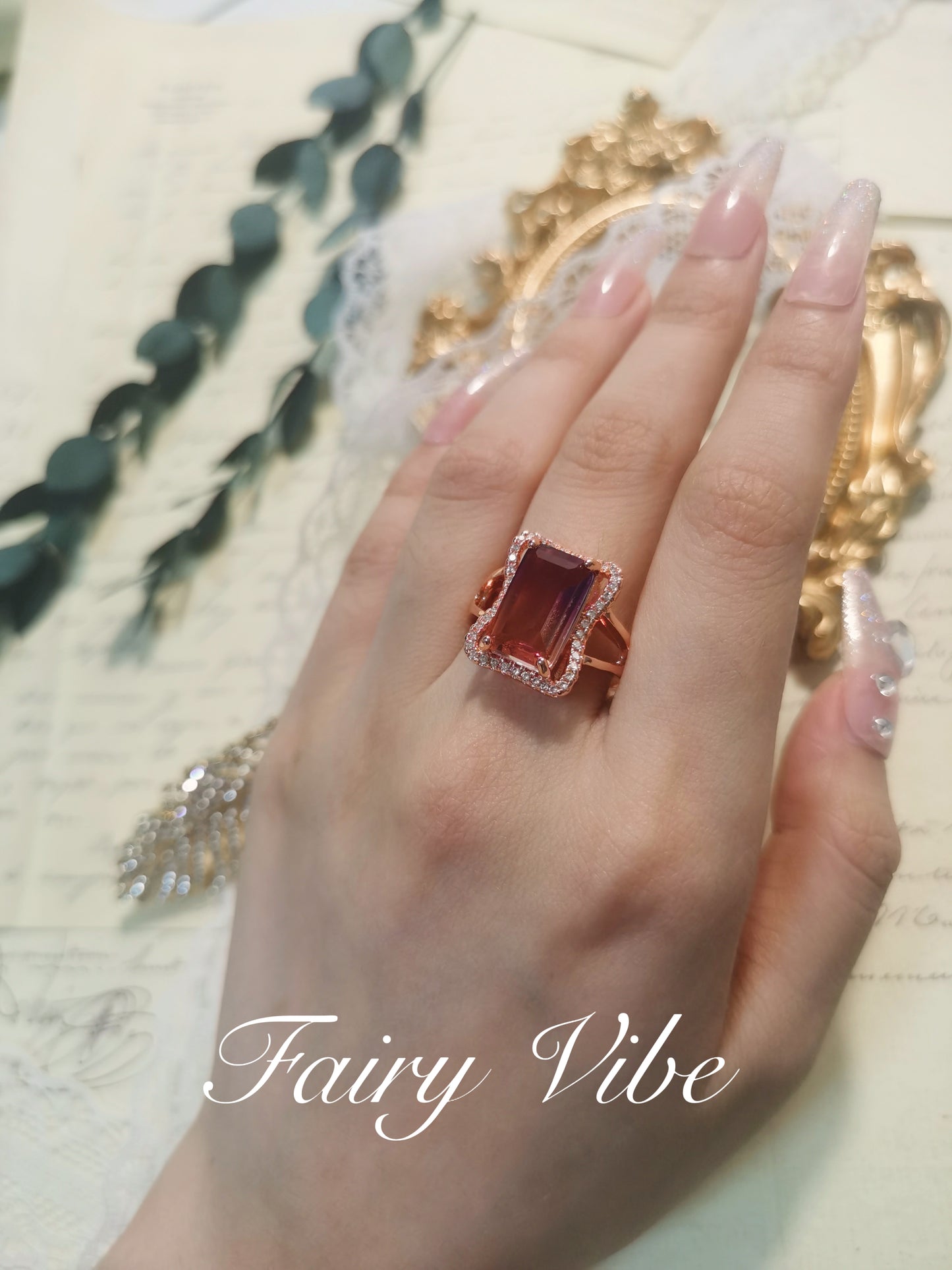 Fine Carved Emerald Cut Gradient CZ Rose Golden Ring