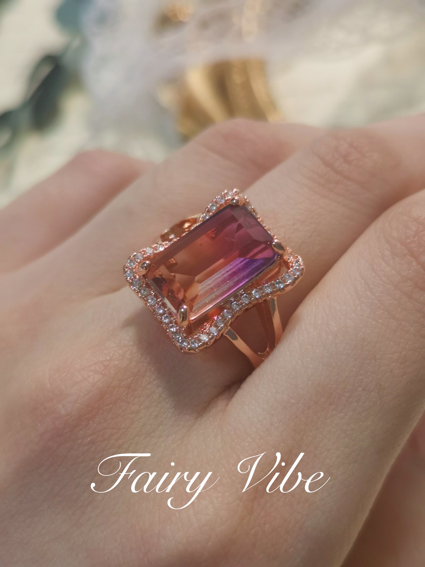Fine Carved Emerald Cut Gradient CZ Rose Golden Ring