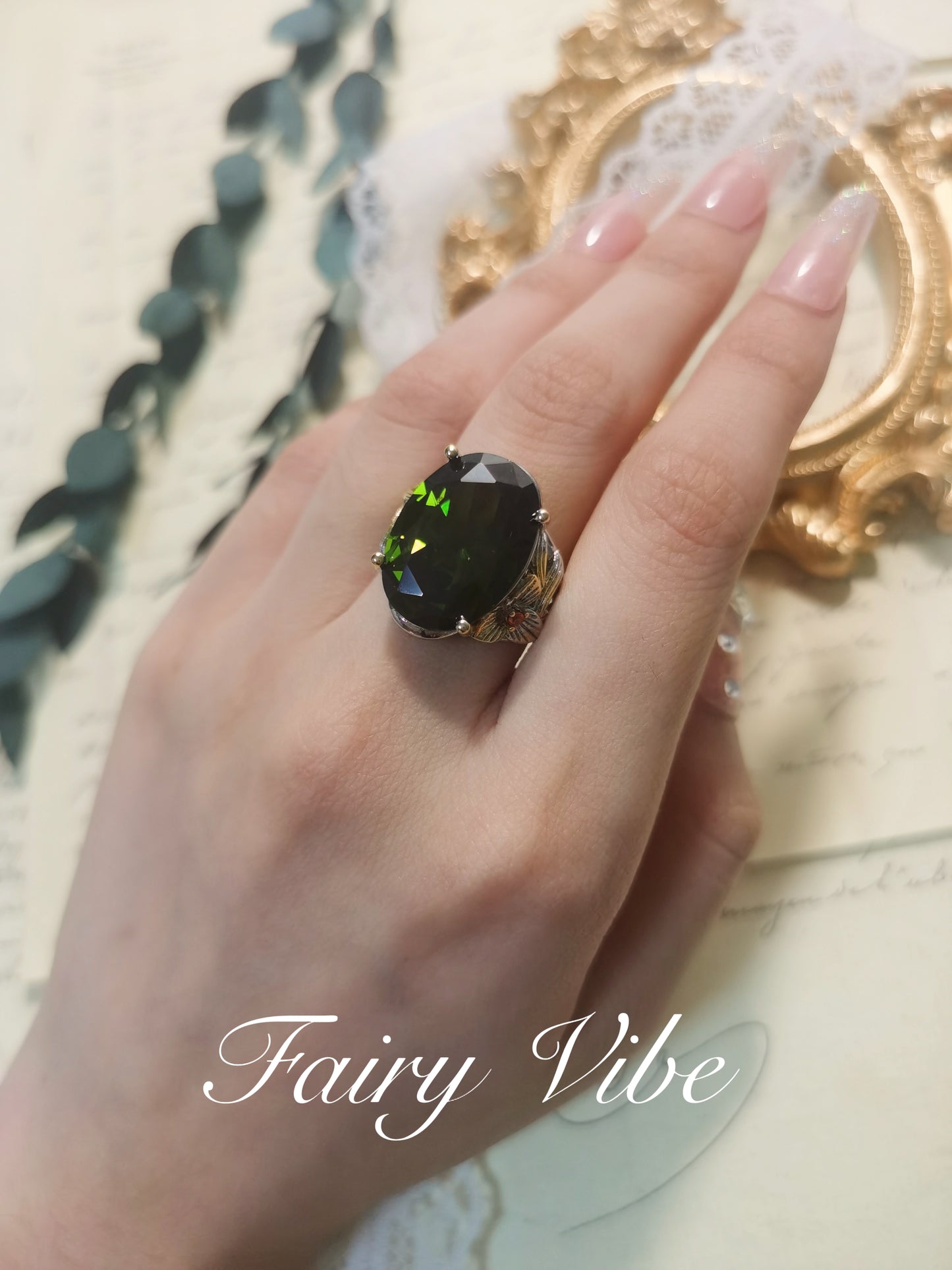 Oval Cut Olive CZ Fine Carving Ring