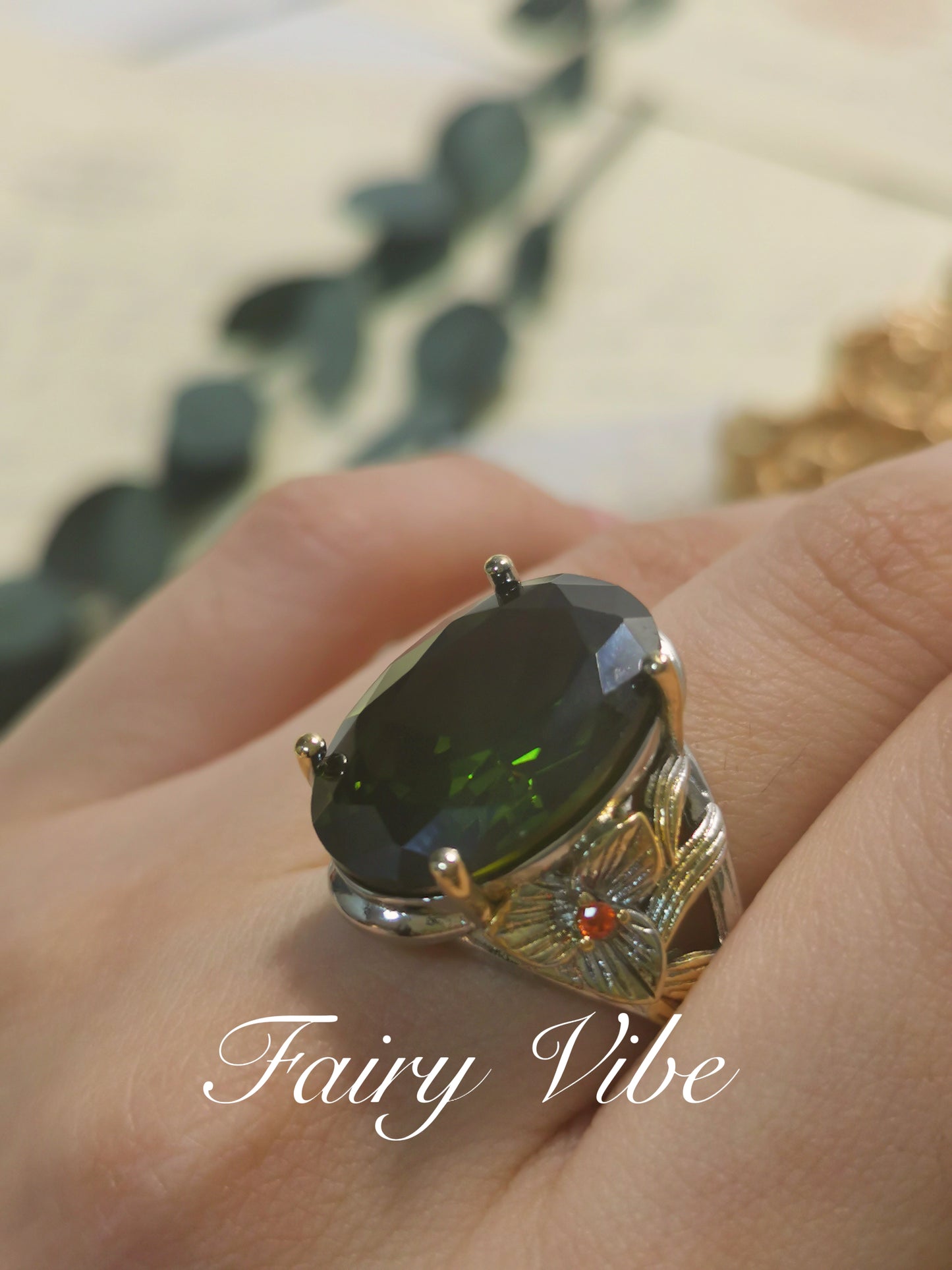 Oval Cut Olive CZ Fine Carving Ring