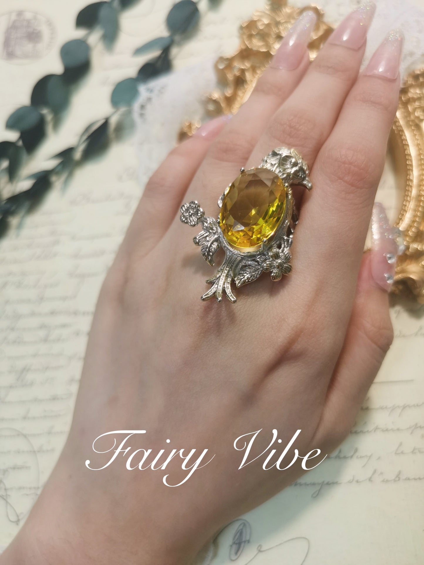 Eagel on the Blooming Tree Fine carving Yellow CZ silver ring