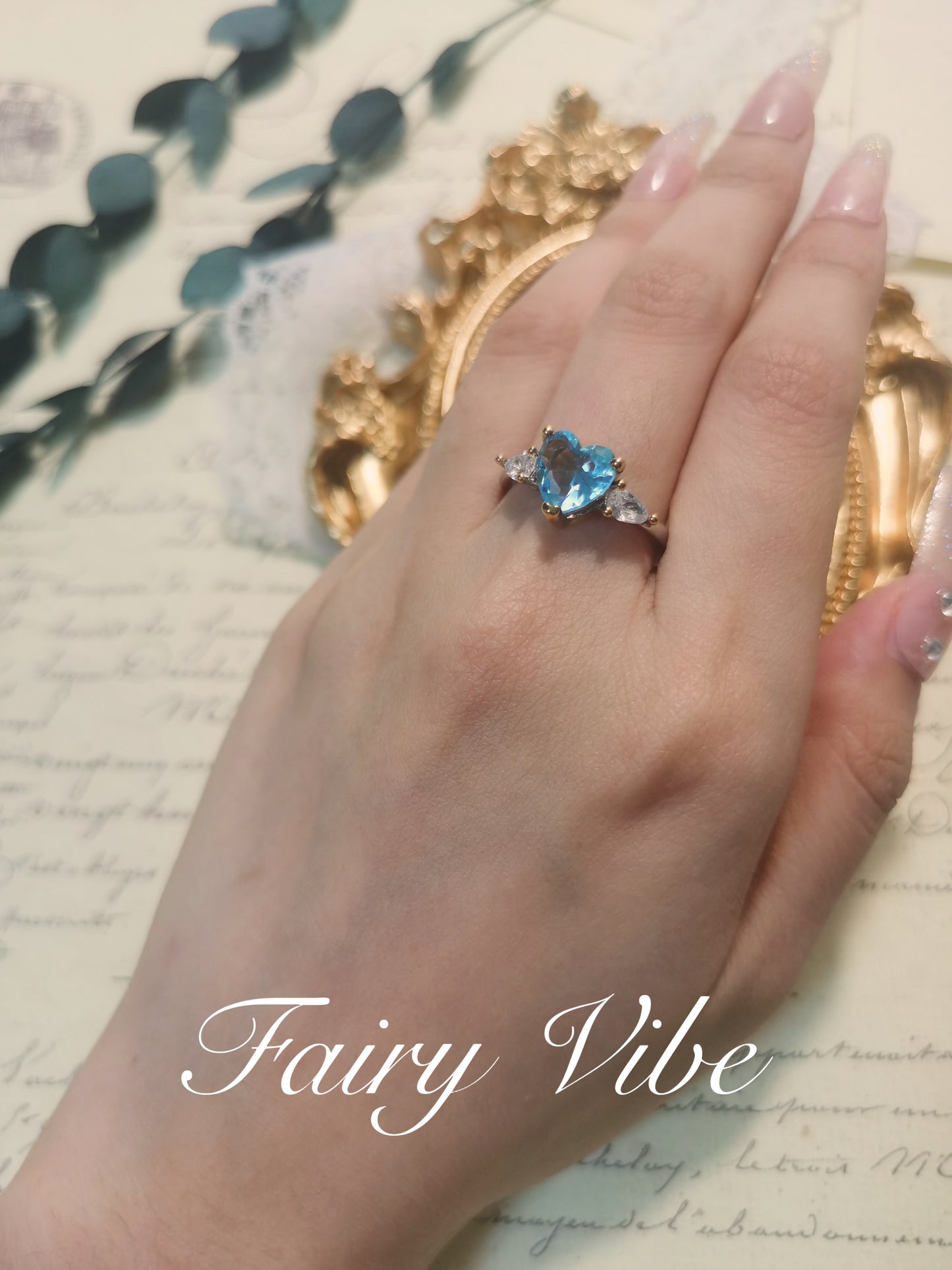 Designer Ring Blue Heart Shaped with Pear Diamond Silver Ring Lab Created CZ