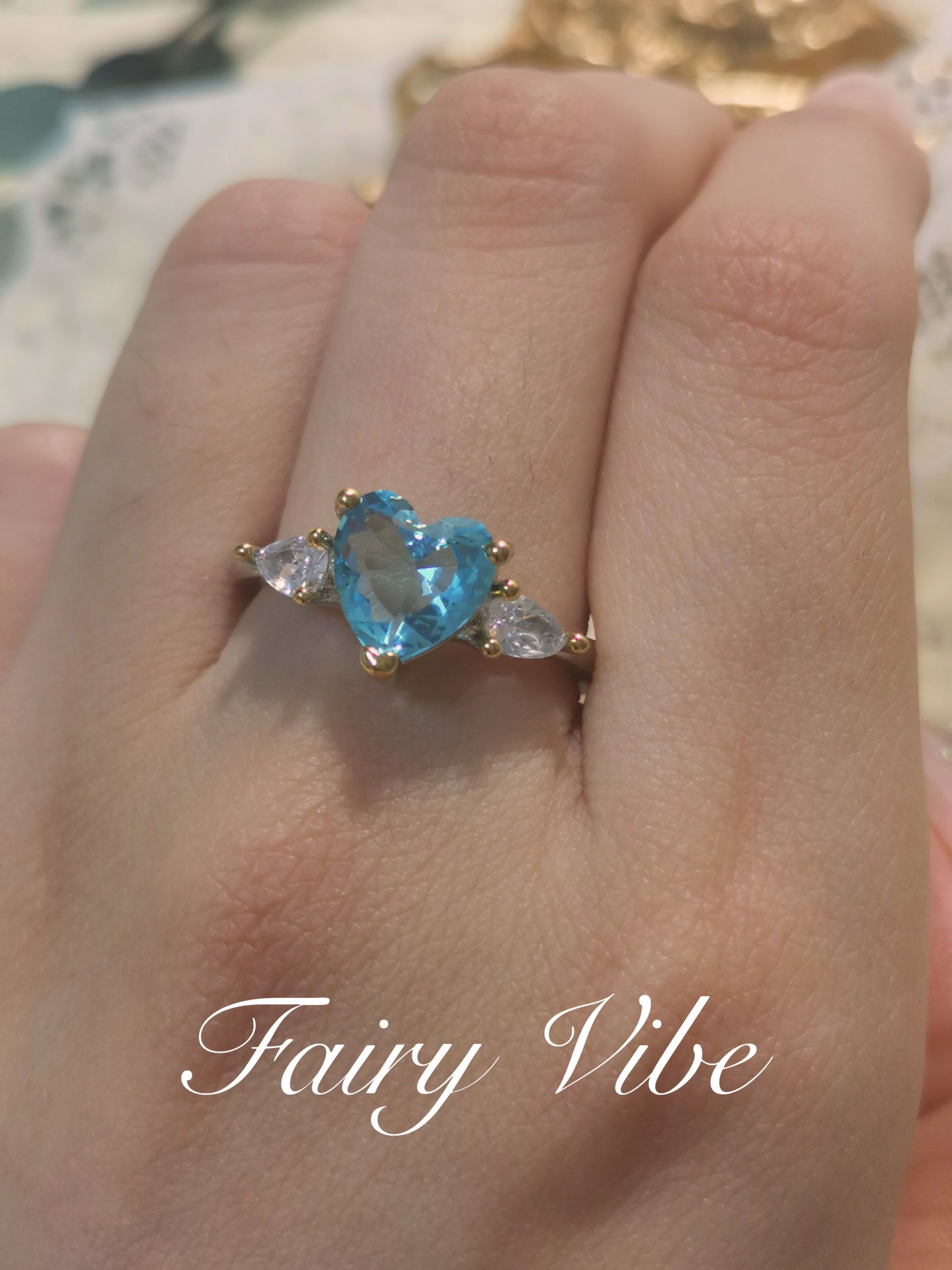 Designer Ring Blue Heart Shaped with Pear Diamond Silver Ring Lab Created CZ