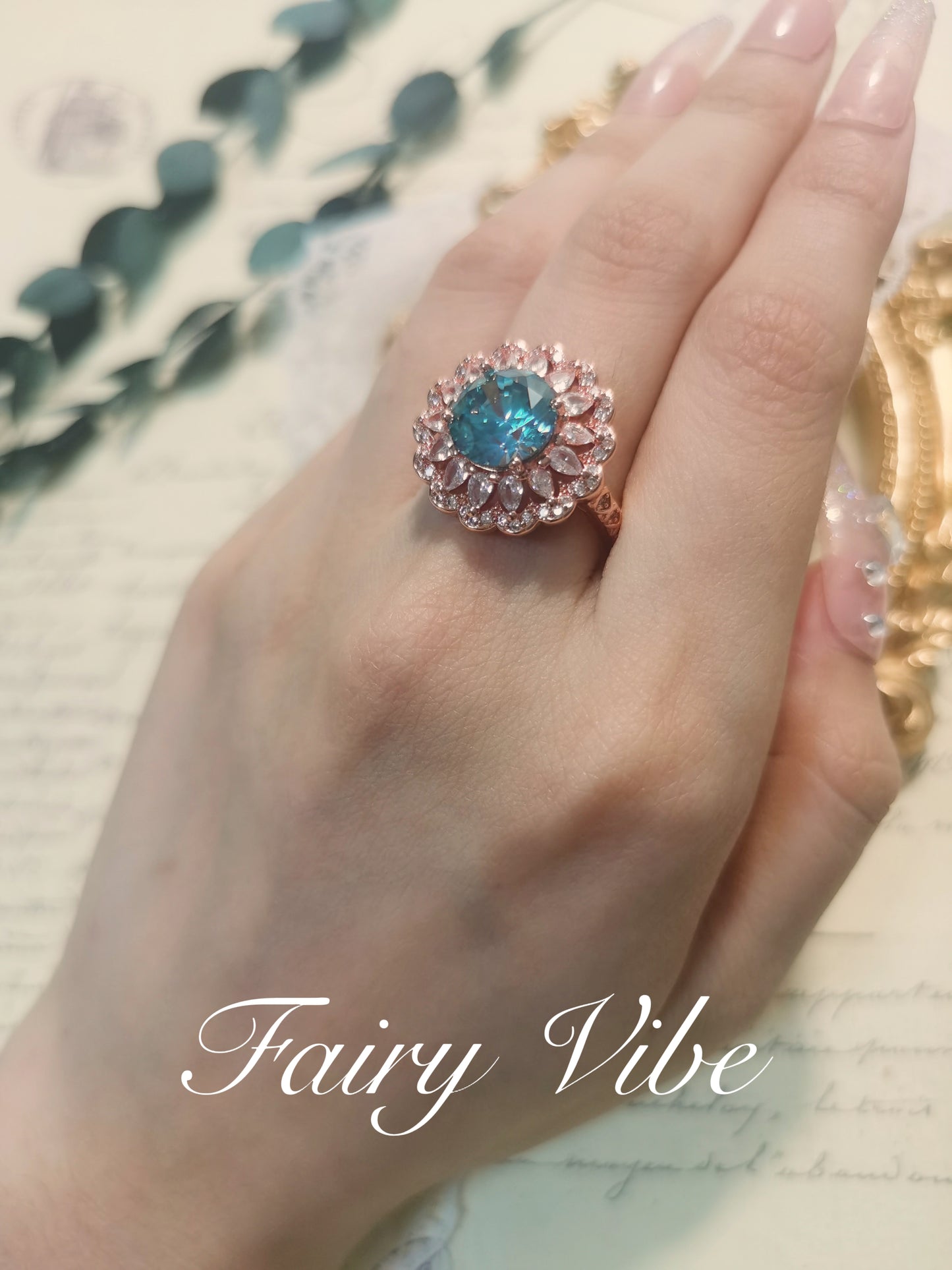 Designer Ring Fine Craved Created Greenish-blue Moissanite Diamond Rose Gold Ring