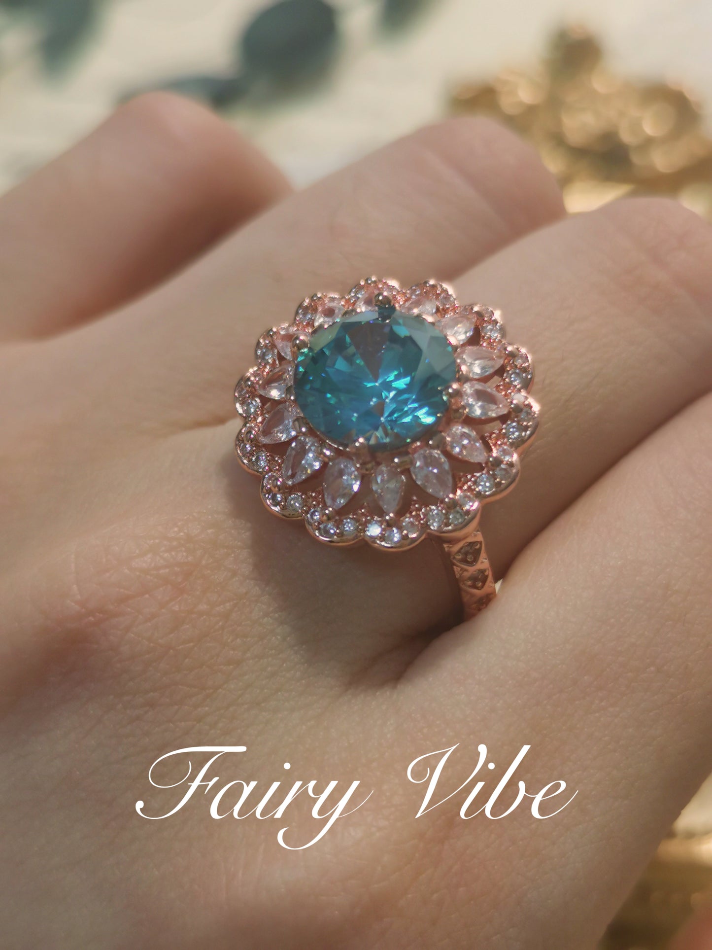 Designer Ring Fine Craved Created Greenish-blue Moissanite Diamond Rose Gold Ring