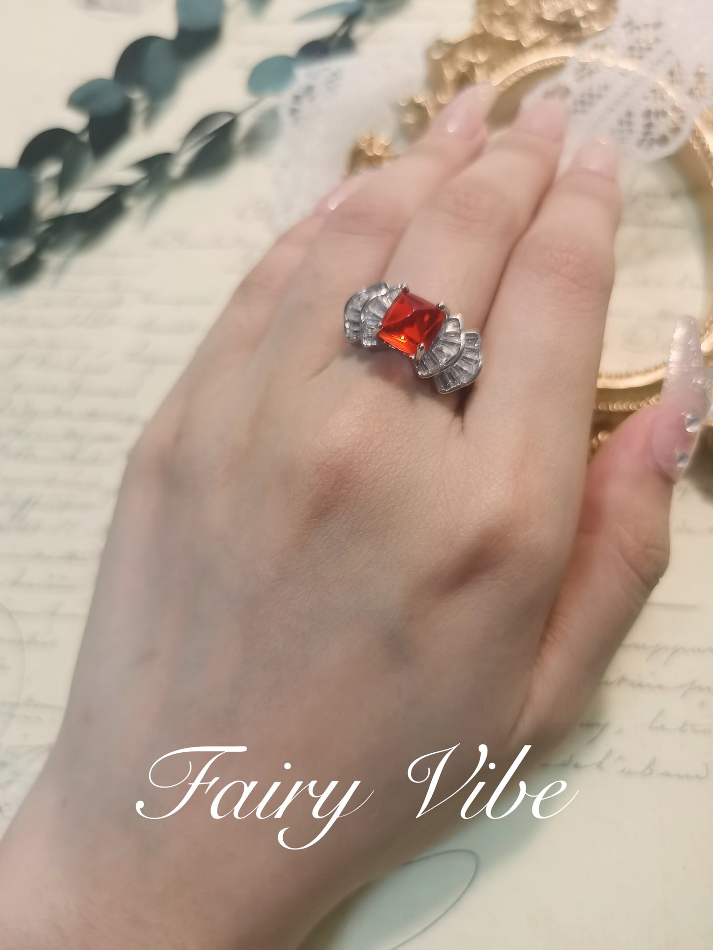 Sugar-loaf Cut dark green & fanta orange  CZ ring