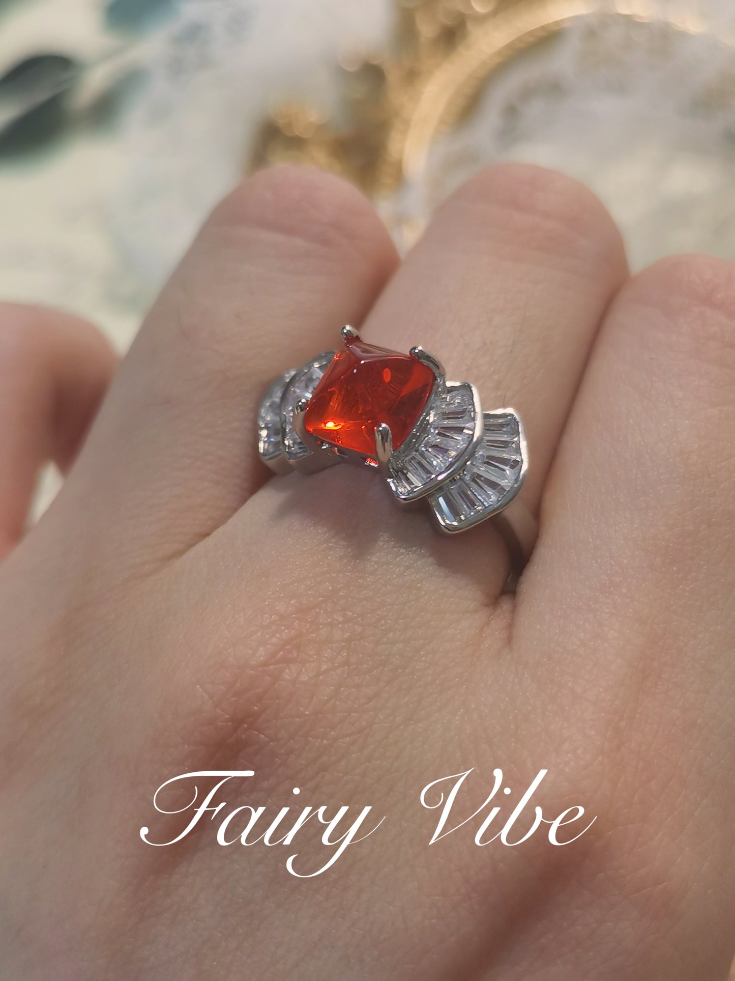 Sugar-loaf Cut dark green & fanta orange  CZ ring