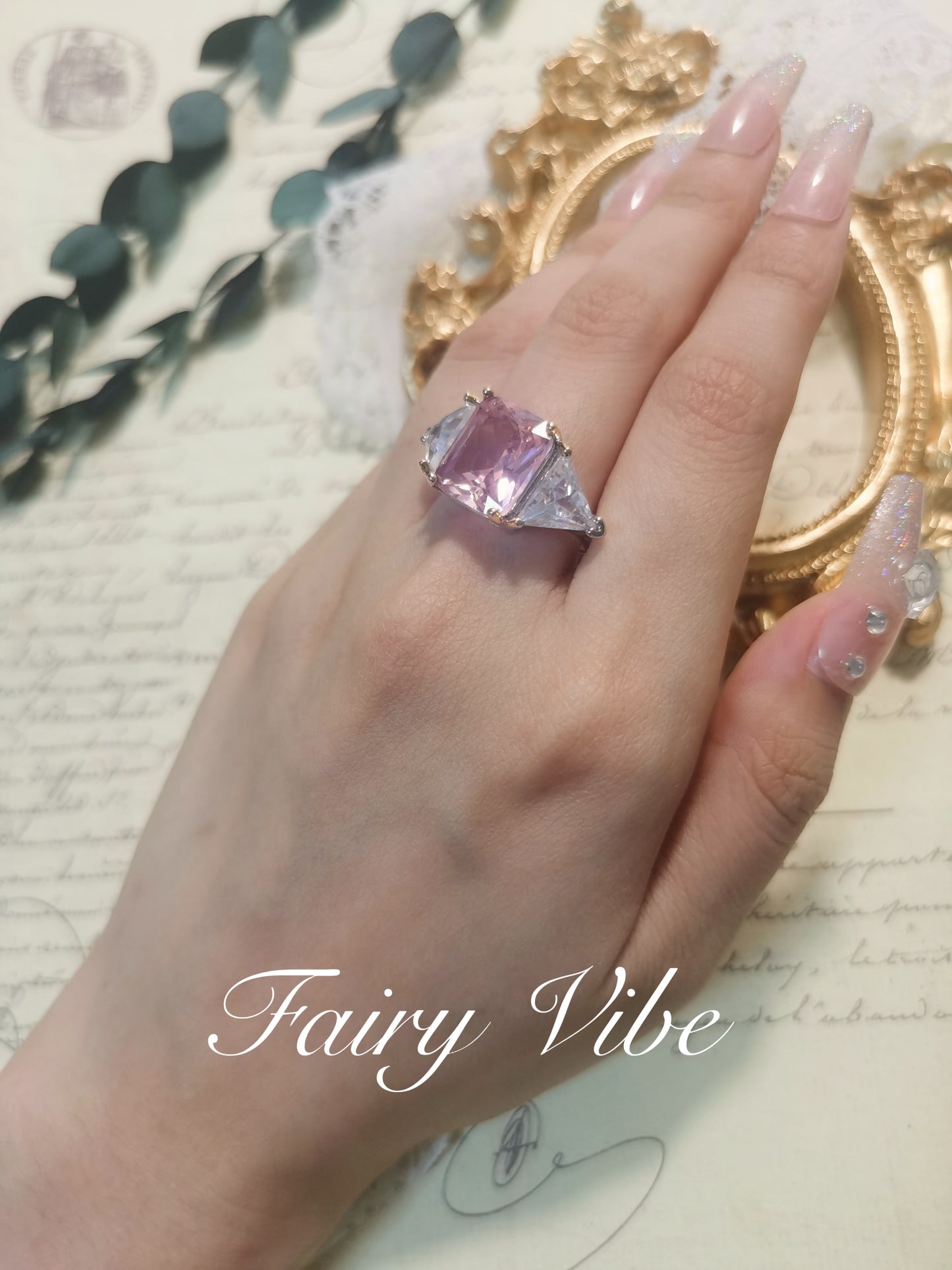 Elegant 8'' Cubic Cut Created Pink & White Moissanite Diamond Ring