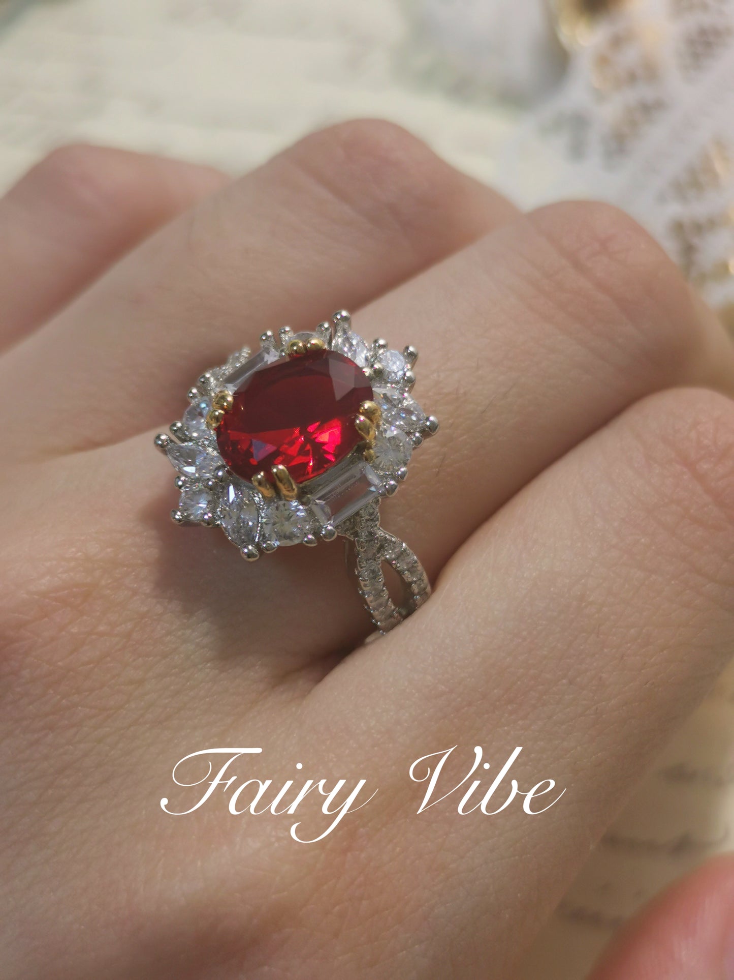 Oval Cut Created Ruby Sparkly Rhinestone silver ring