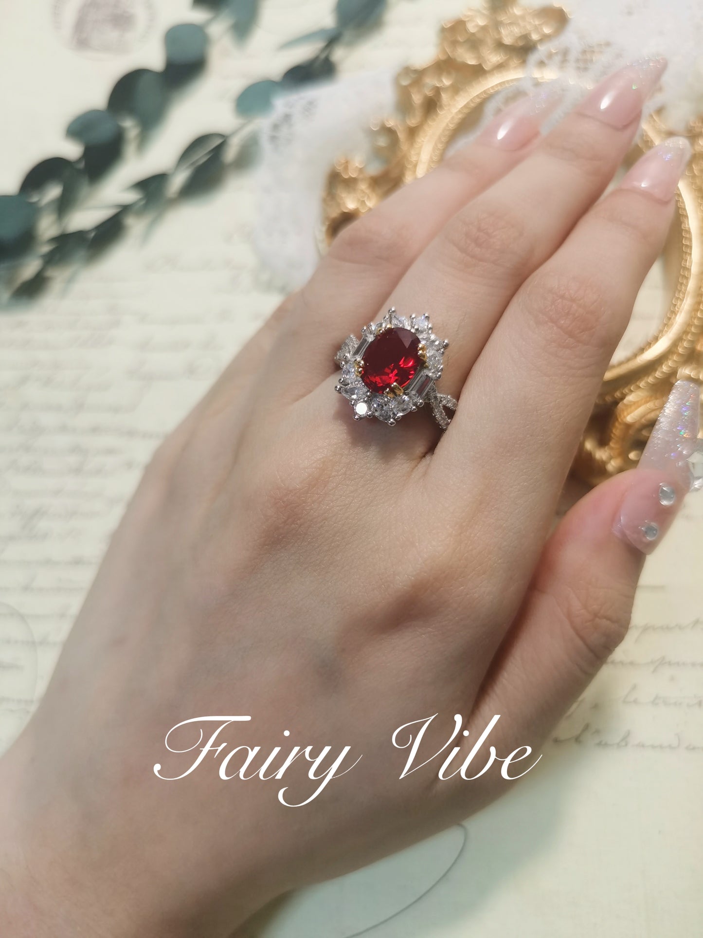 Oval Cut Created Ruby Sparkly Rhinestone silver ring