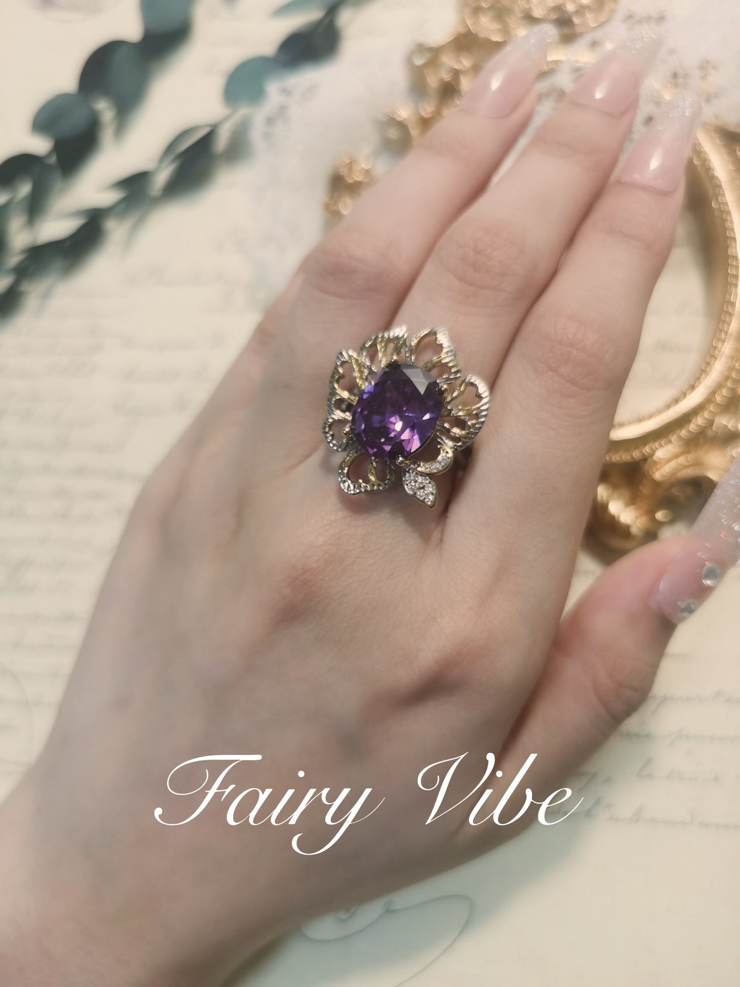 Designer Ring Fine Craved Oval Cut Purple CZ Gold Ring
