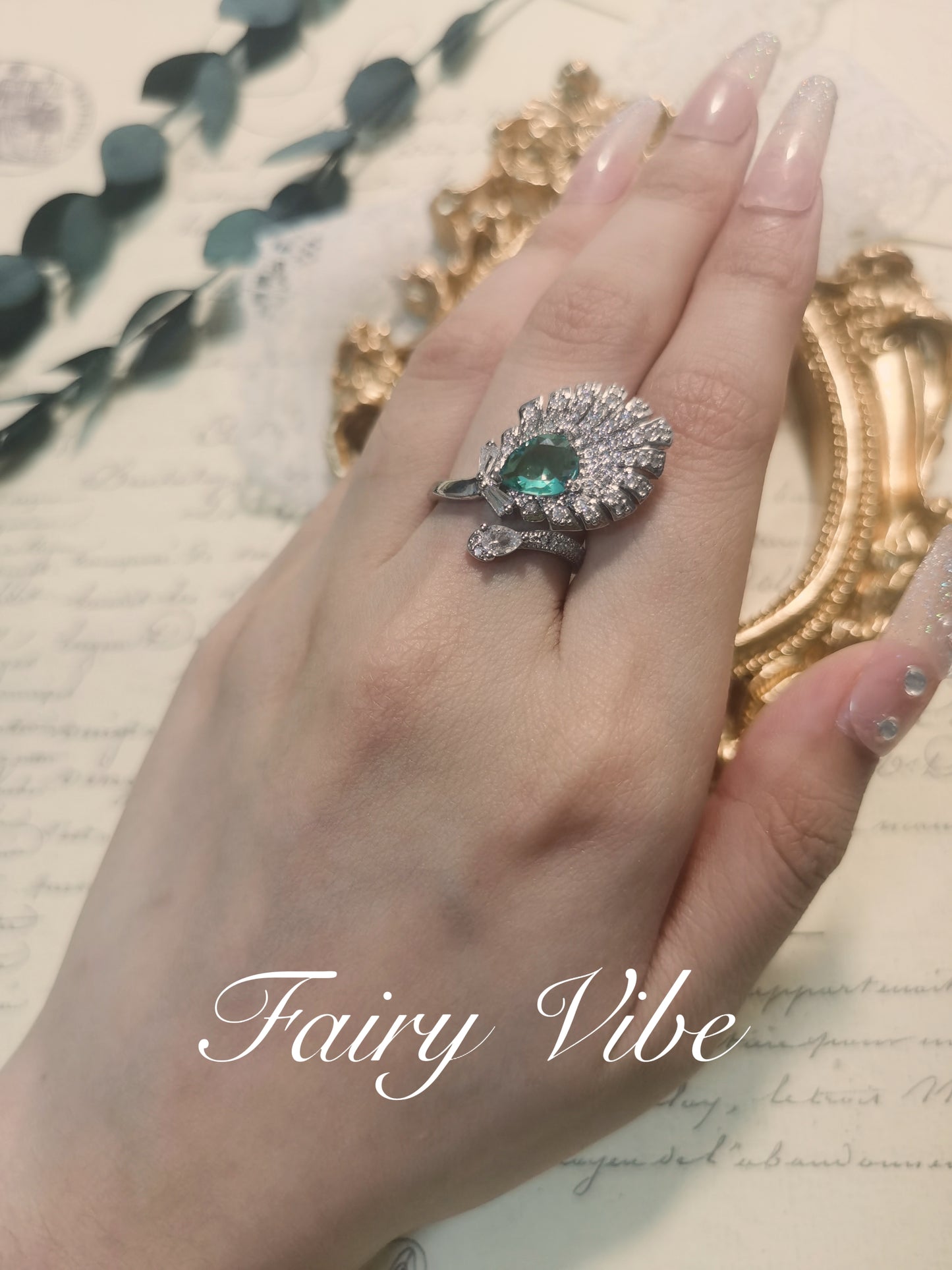 Designer Ring Plume Shaped Pear Cut Ocean Blue CZ Ring