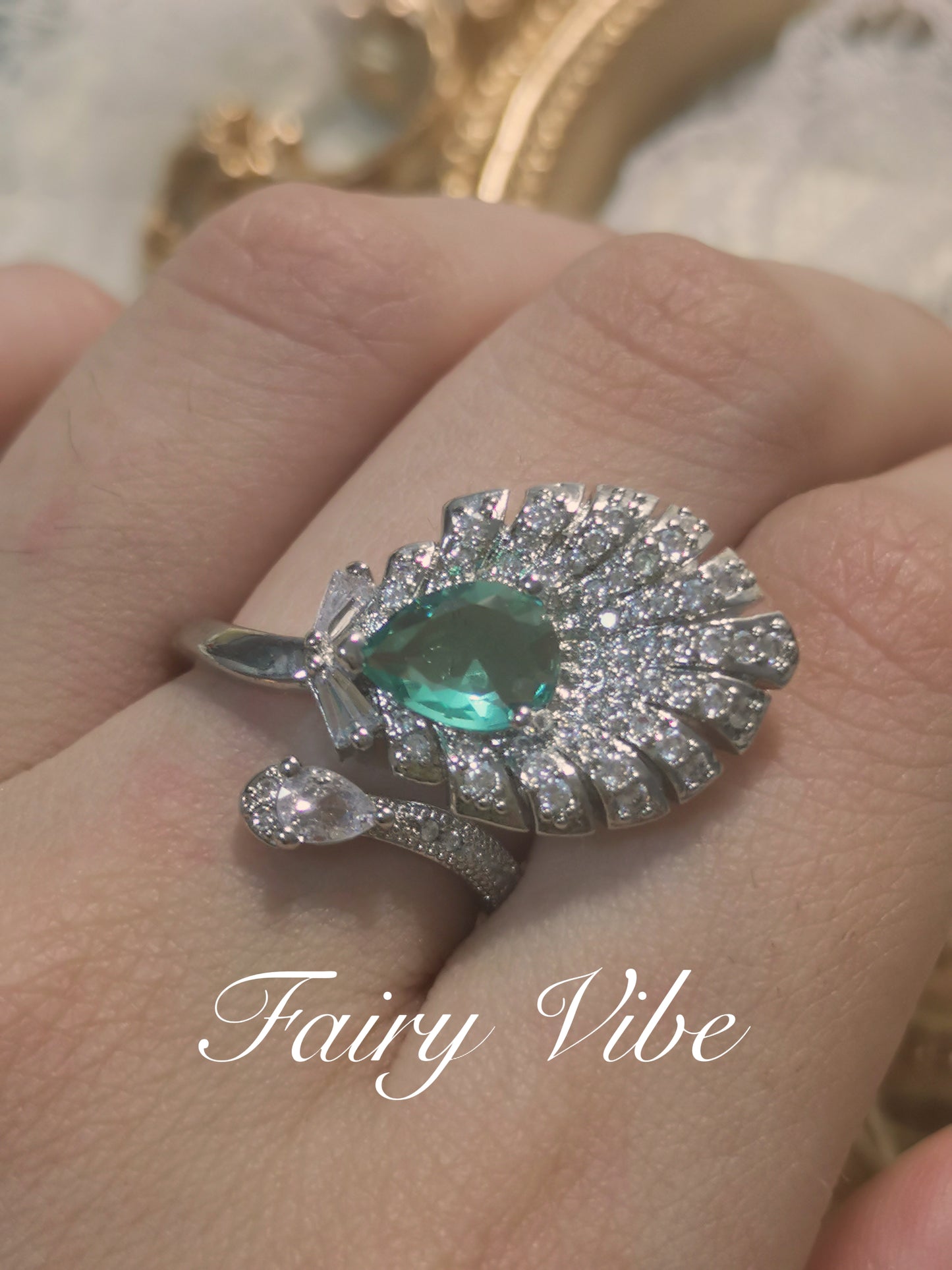 Designer Ring Plume Shaped Pear Cut Ocean Blue CZ Ring