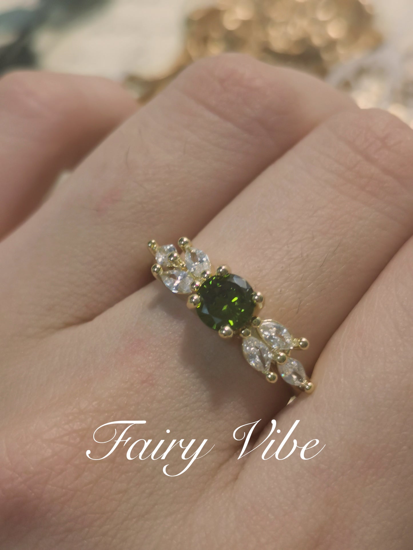 Elegant Leaf Shaped Round Cut Olive CZ Rose Gold Ring