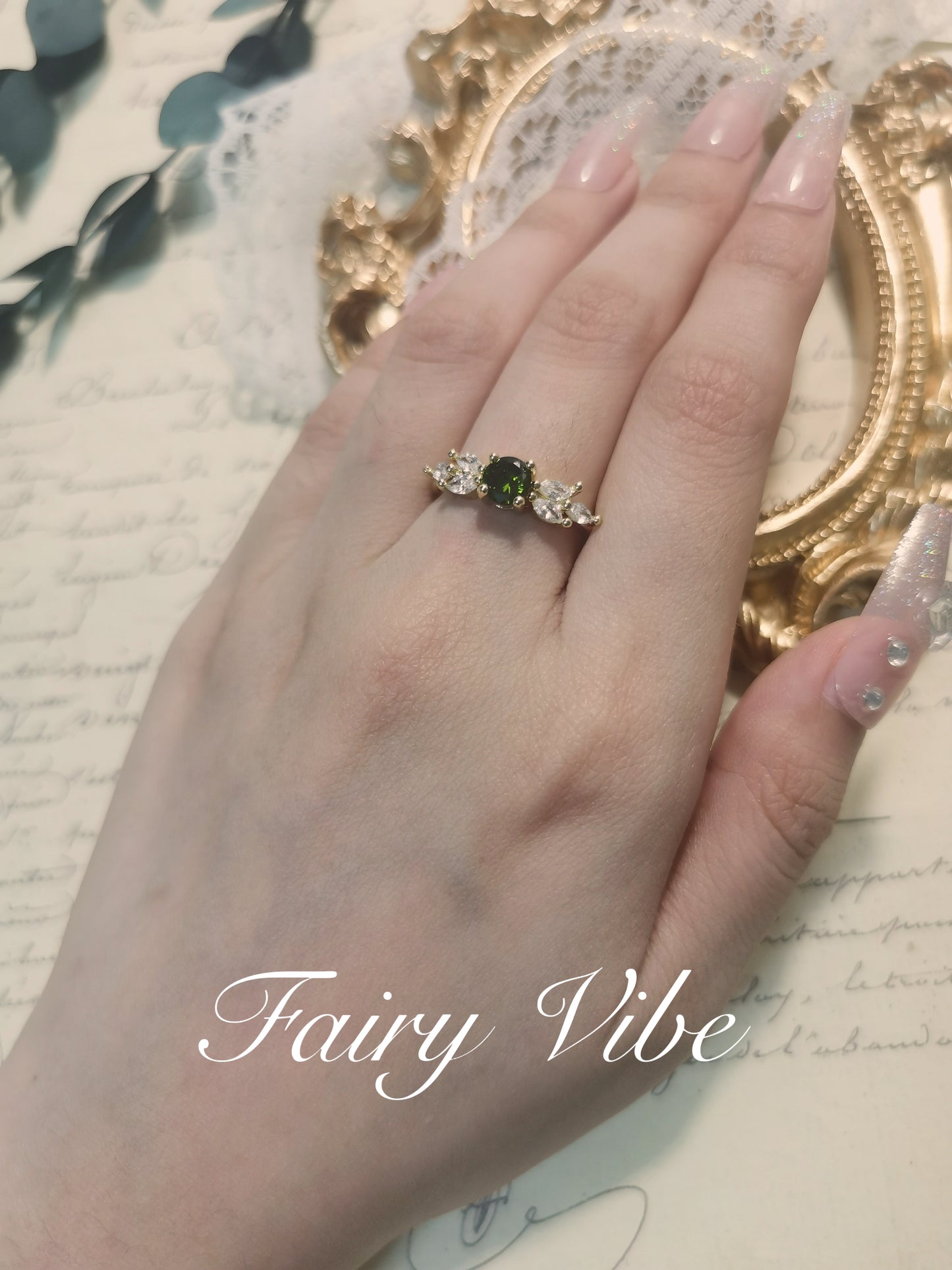 Elegant Leaf Shaped Round Cut Olive CZ Rose Gold Ring