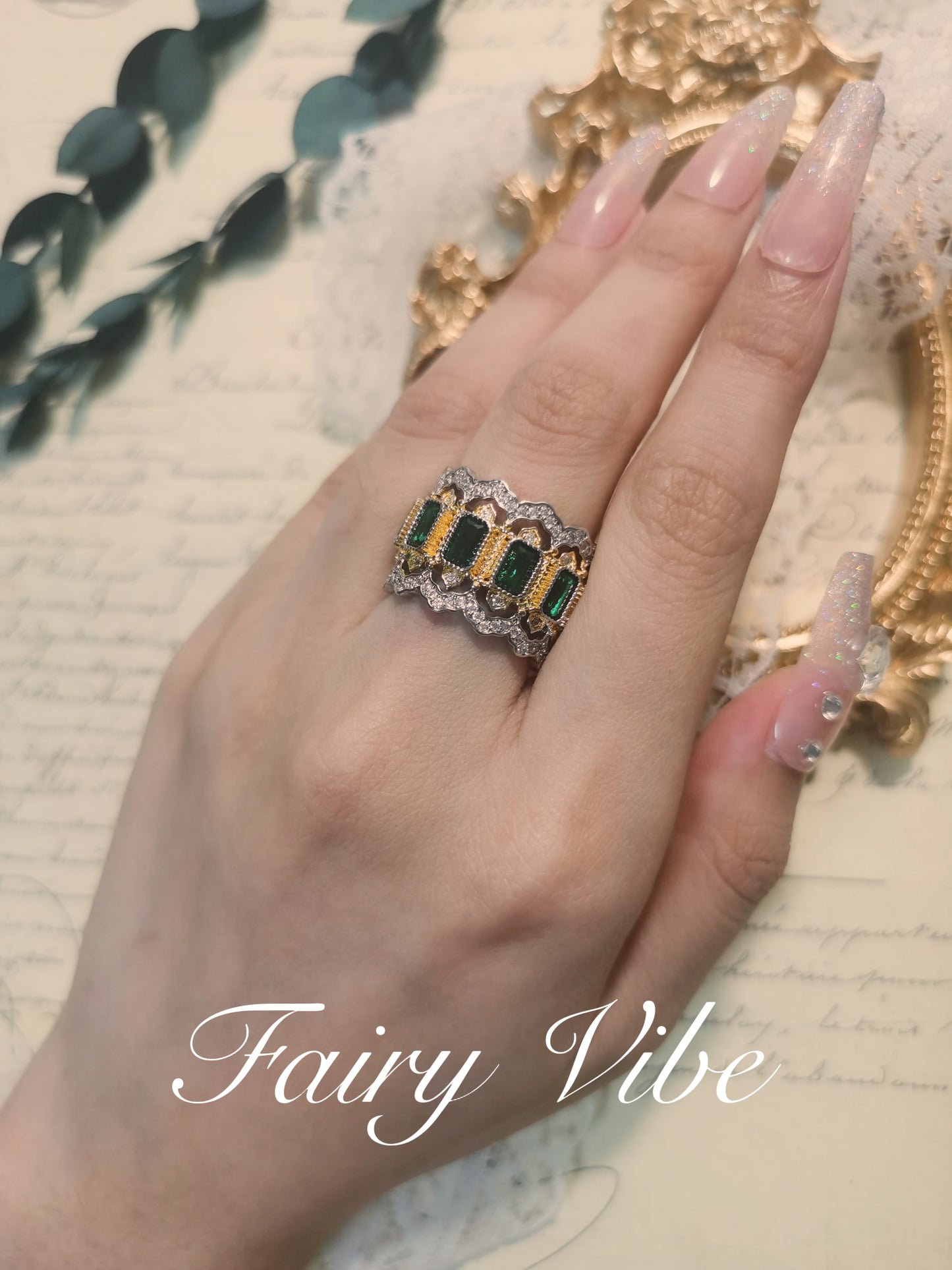 Buccellati Style Emerald Cut with Multiple Dark Green CZ Vintage Ring