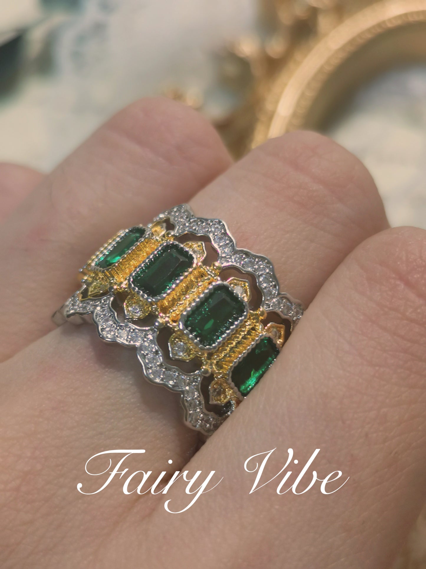 Buccellati Style Emerald Cut with Multiple Dark Green CZ Vintage Ring