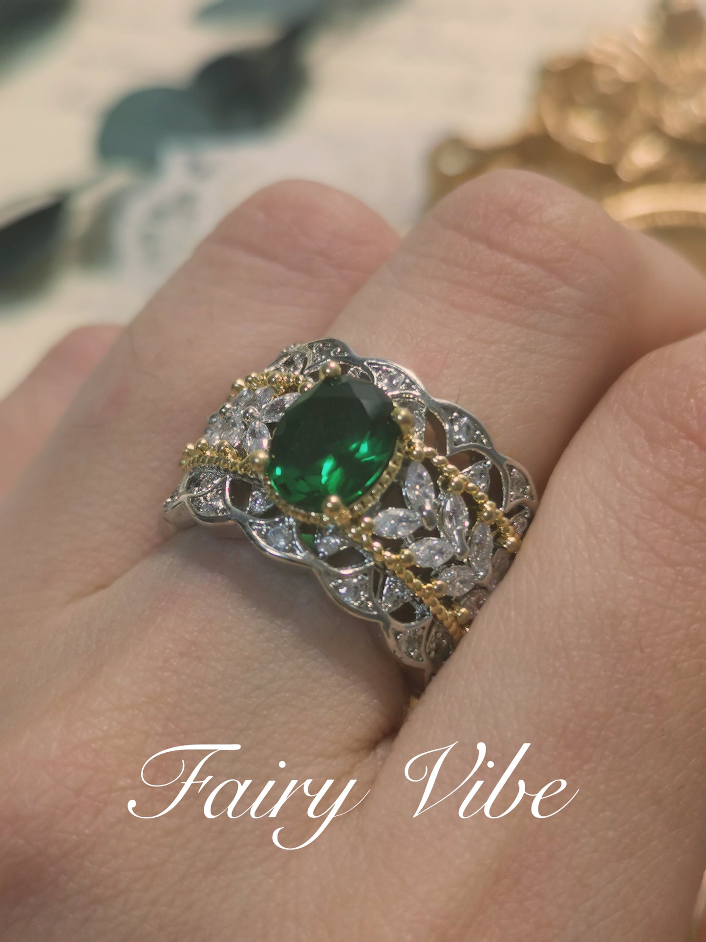 Buccellati Style Oval Cut with Dark Green CZ Vintage Ring