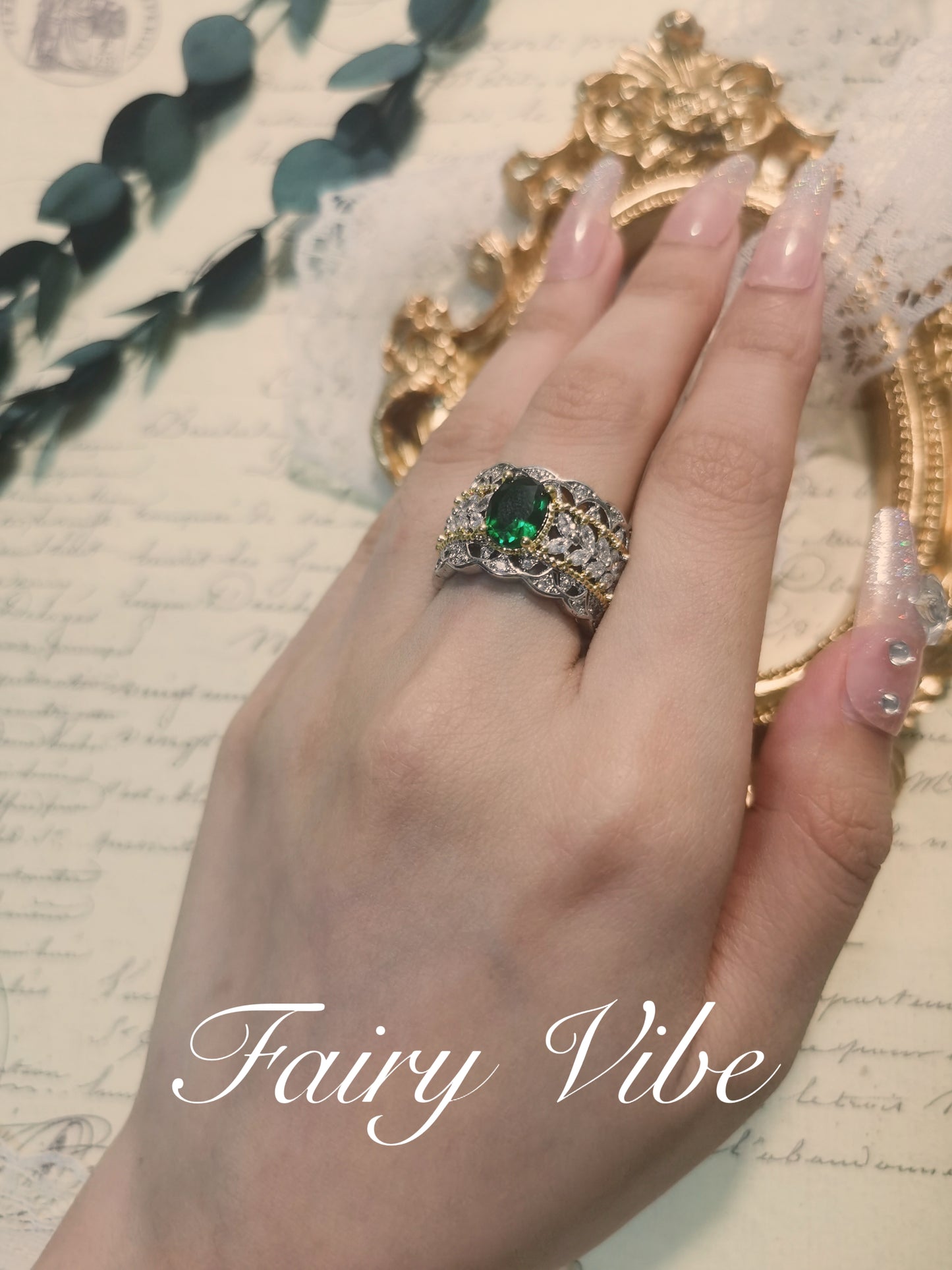 Buccellati Style Oval Cut with Dark Green CZ Vintage Ring