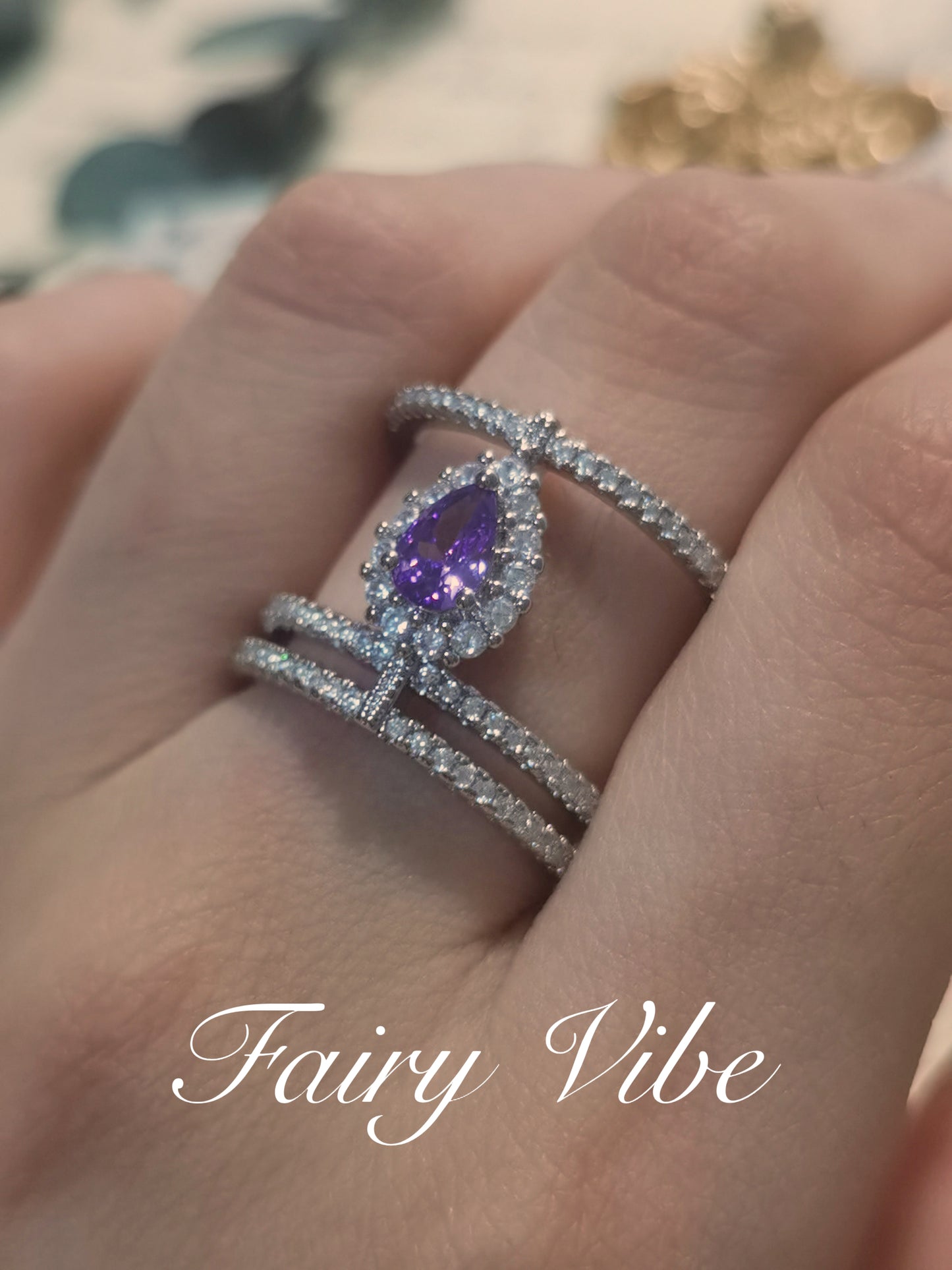 Designer Ring with Pear Cut Purple CZ Daily Ring Fashion Silver Ring