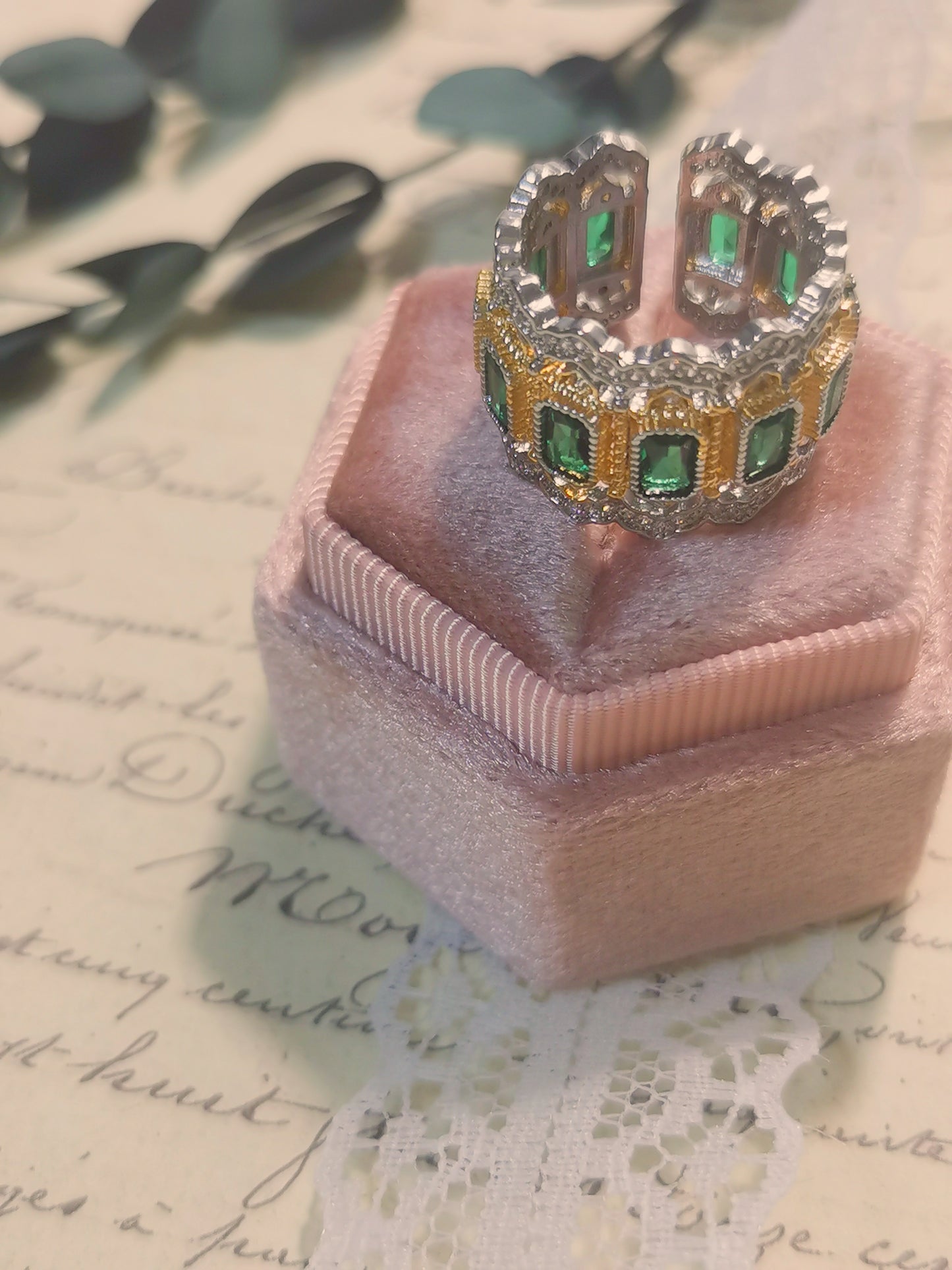 Buccellati Style Emerald Cut with Multiple Dark Green CZ Vintage Ring