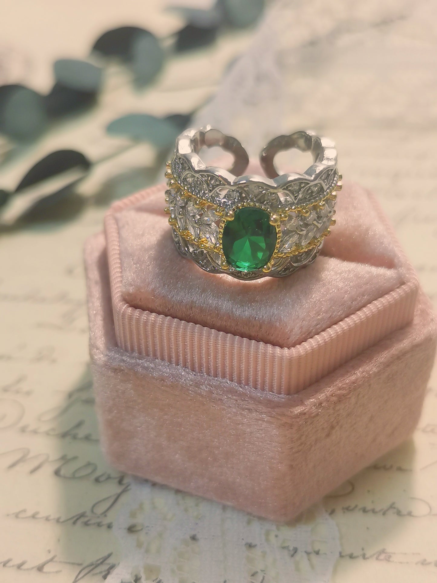 Buccellati Style Oval Cut with Dark Green CZ Vintage Ring
