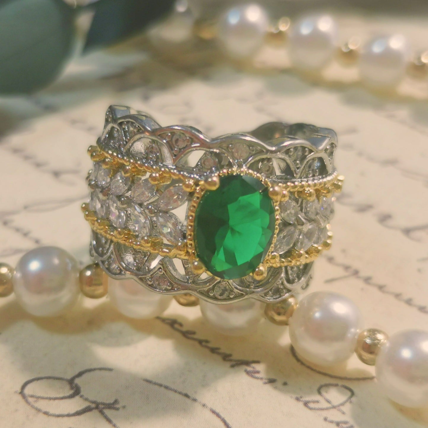 Buccellati Style Oval Cut with Dark Green CZ Vintage Ring