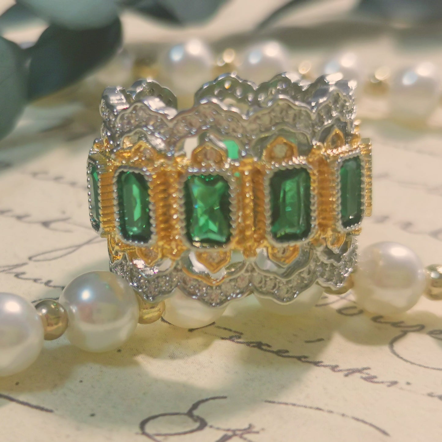 Buccellati Style Emerald Cut with Multiple Dark Green CZ Vintage Ring